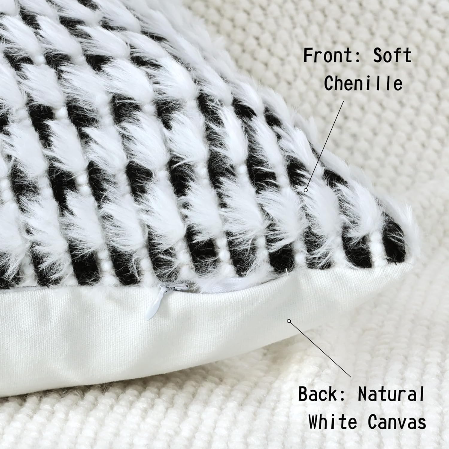 Boho Chenille Tufted Pillow Cover 24x24 Inch Set of 1, Farmhouse Striped Decorative Pillow Covers Accent Fluffy Neutral Square Pillowcases for Couch Sofa Bedroom Living Room, Black White