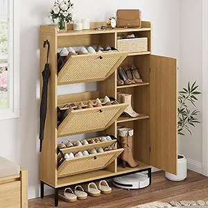 GarveeHome Shoe Cabinet Rattan with 3 Flip Drawers and 4-Tier Shoe Storage Cabinet, Freestanding Shoe Organizer with Adjustable Shelves for Entryway, Closet, Hallway (Oak)