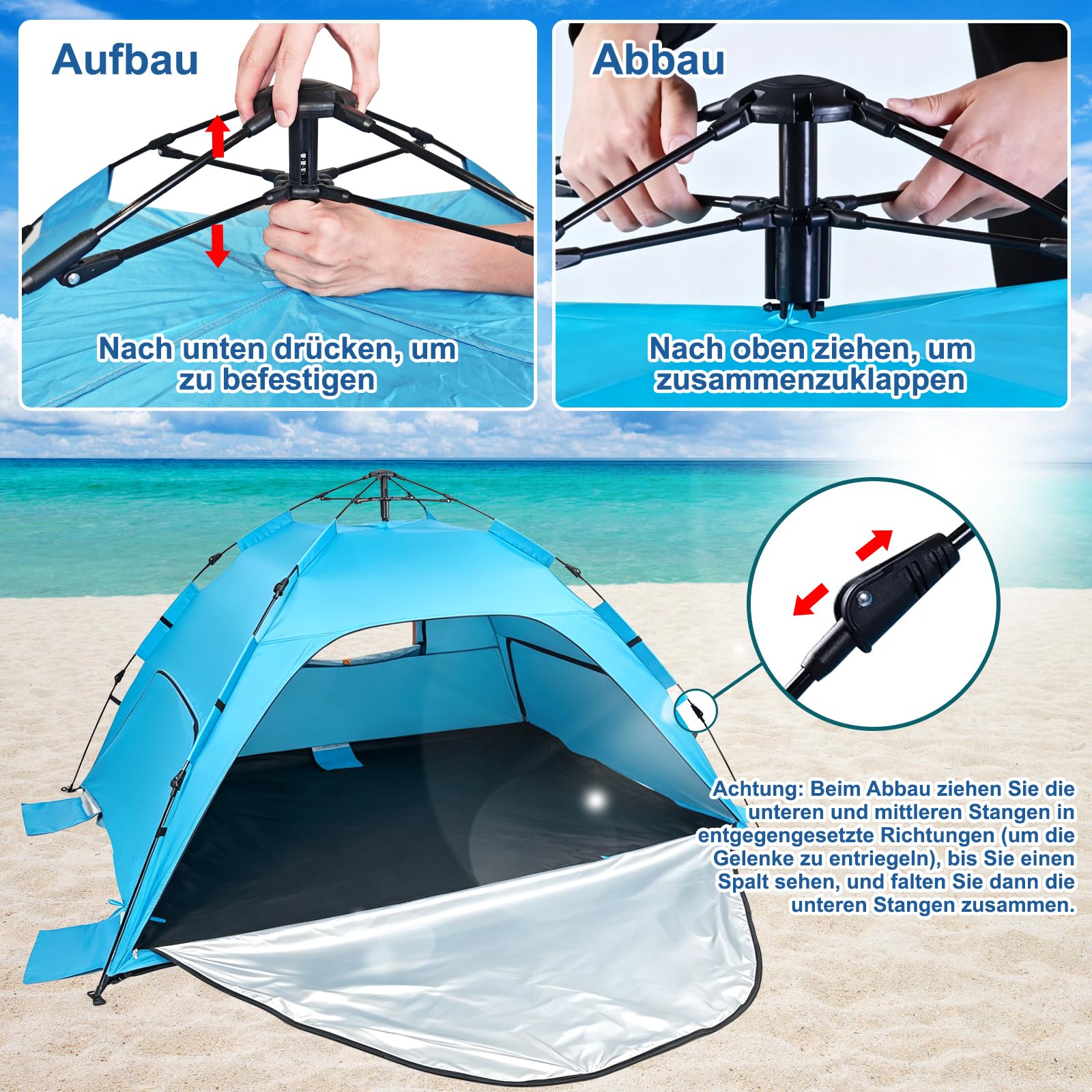 Strandzelt Strandmuschel Pop Up, UV Schutz 50+ Sonnenzelt mit Wasserdichter Strandmatte für 3-4 Personen, 3 Türen Belüftung & herausnehmbarer Boden, Tragbar Windschutz Baby Zelt für Strand Urlaub