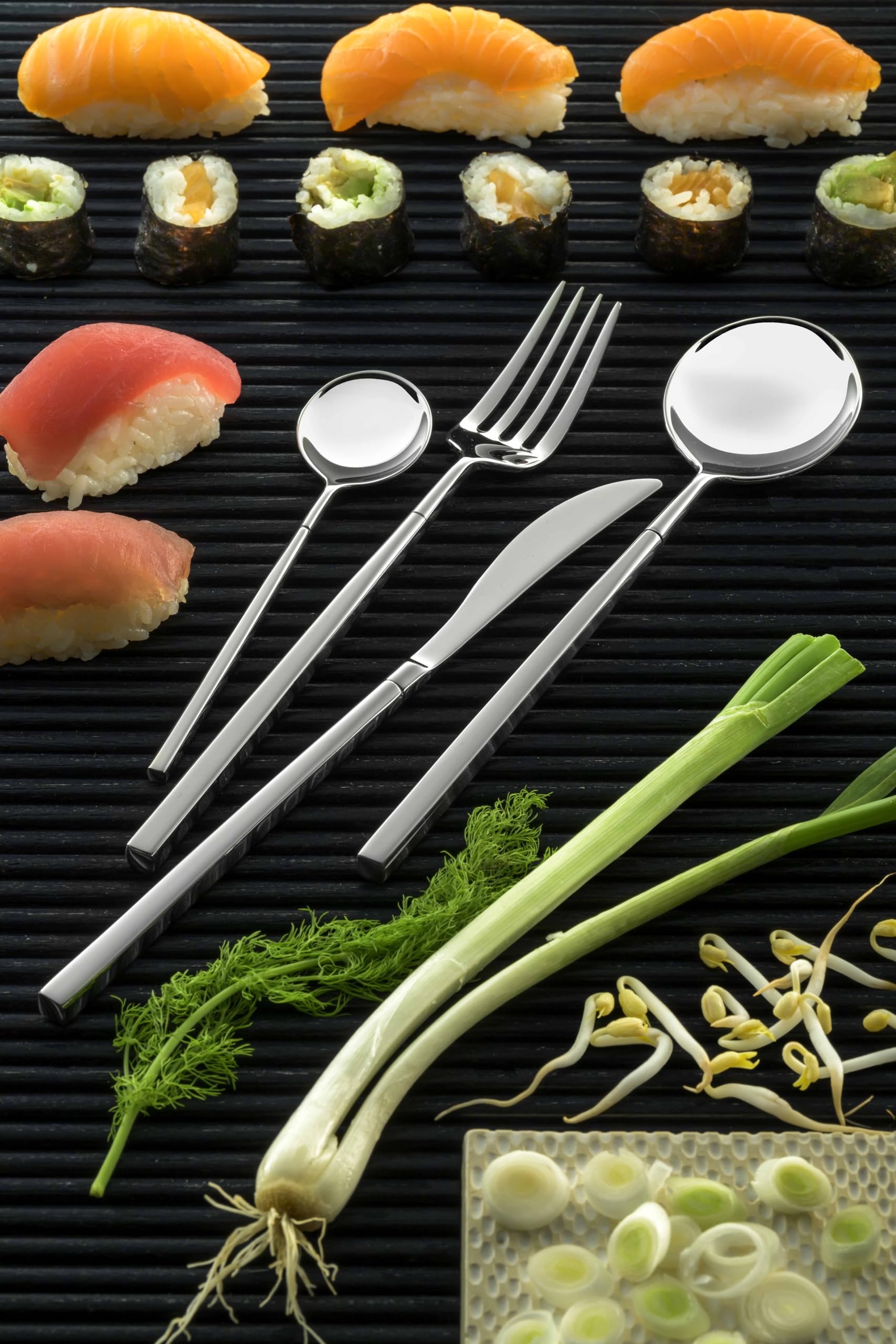 Eme P13AKT/10 Kyoto Servizio di Posate 24pz forgiate in acciaio inossidabile, 6 Coltelli, 6 Forchette, 6 Cucchiai, 6 Cucchiaini, Stile giapponese, finitura lucida