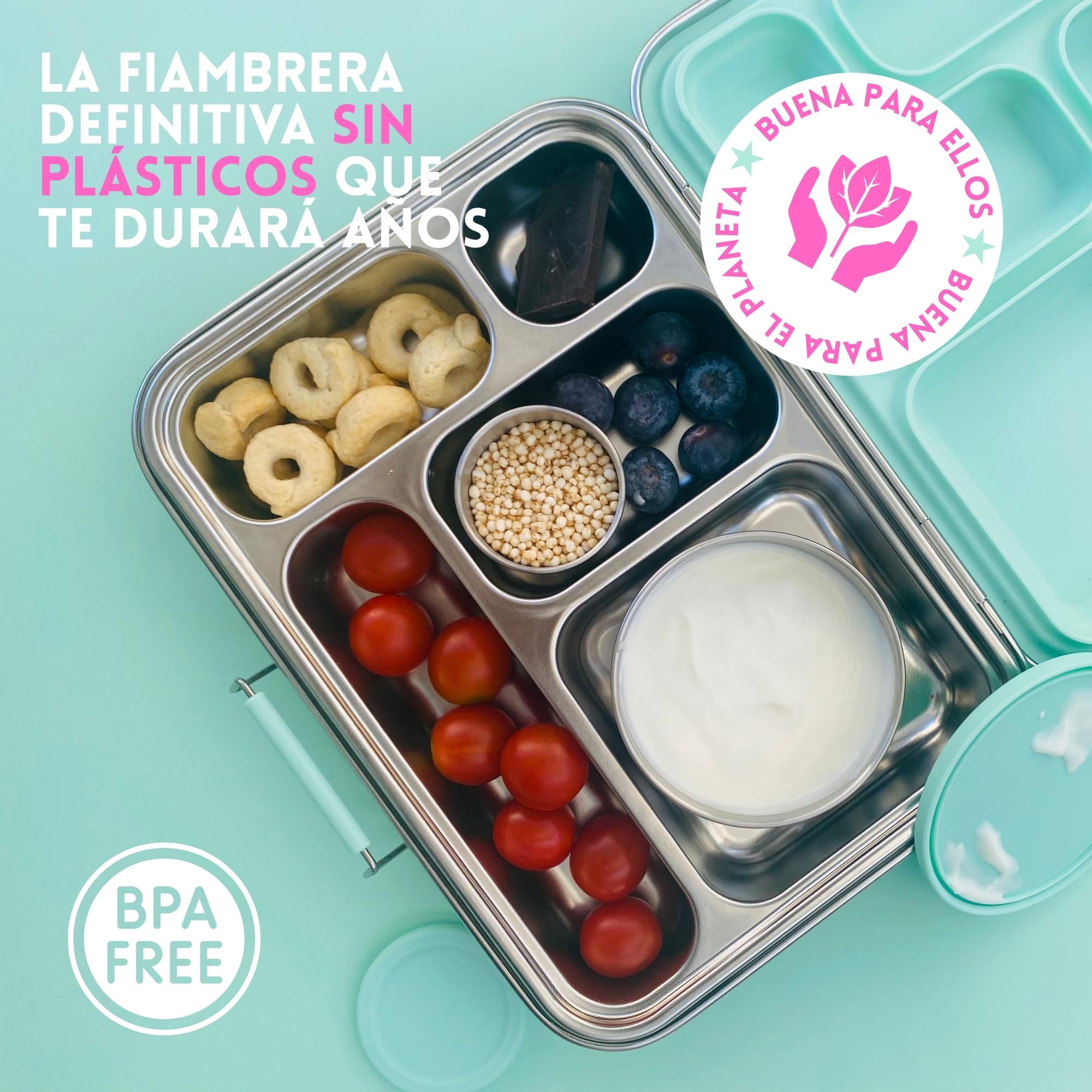 Pack Completo Fiambrera Infantil de Acero Inoxidable Antifugas con 5 Compartimentos + 2 Botes herméticos para poner yogur/hummus + Pegatinas Reutilizables. SIN BPA. CERO PLASTICOS