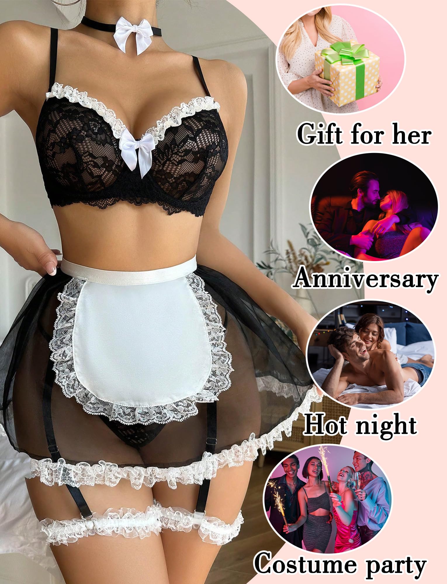 Aivtalk Women's 3 Piece Maid Lace Colorblock Underwire Costume Lingerie Set