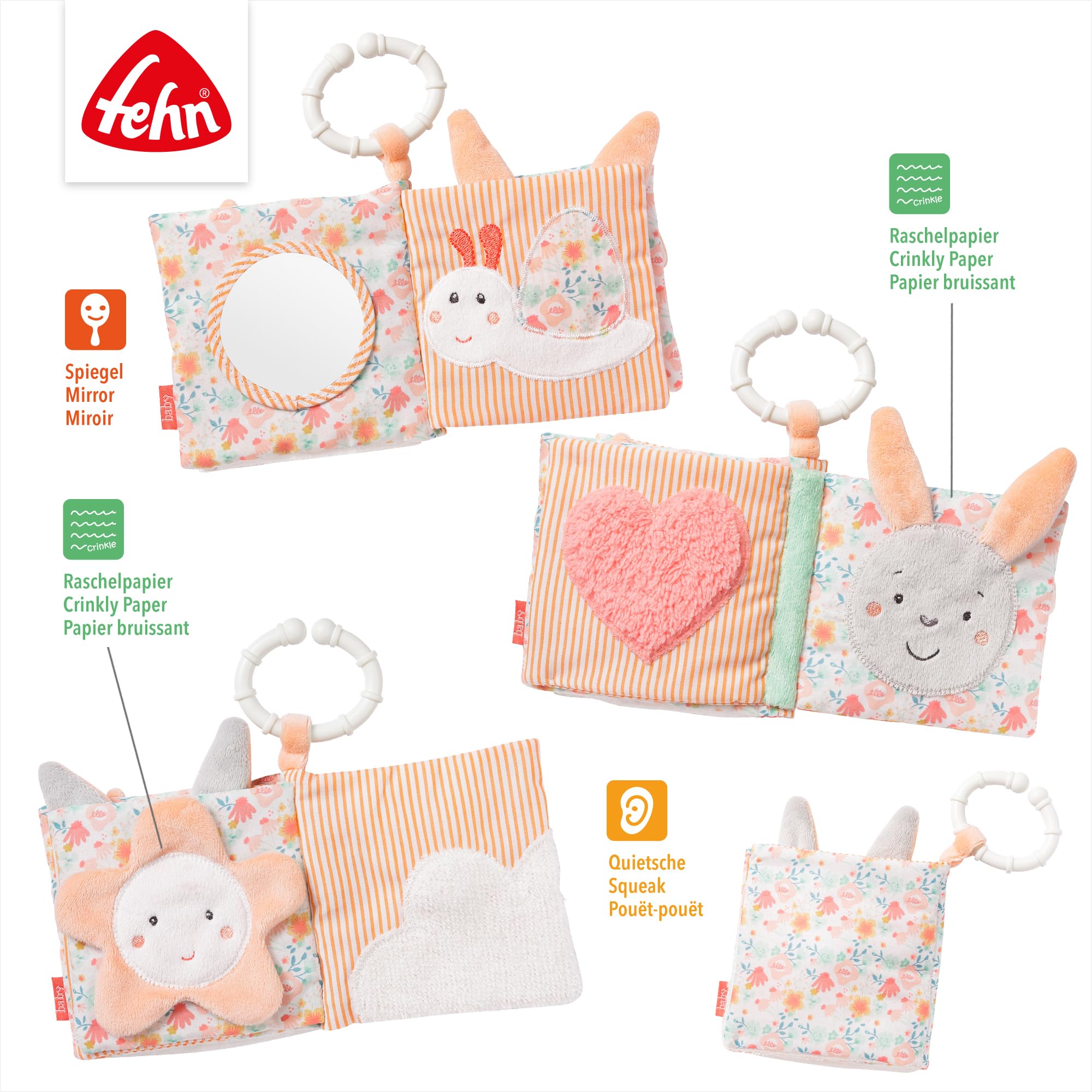 Fehn livre en tissu Lac des cygnes - Livre tactile avec motifs d'animaux - Jouets à suspendre pour poussettes et sièges auto pour bébés - pour les bébés et les enfants dès la naissance