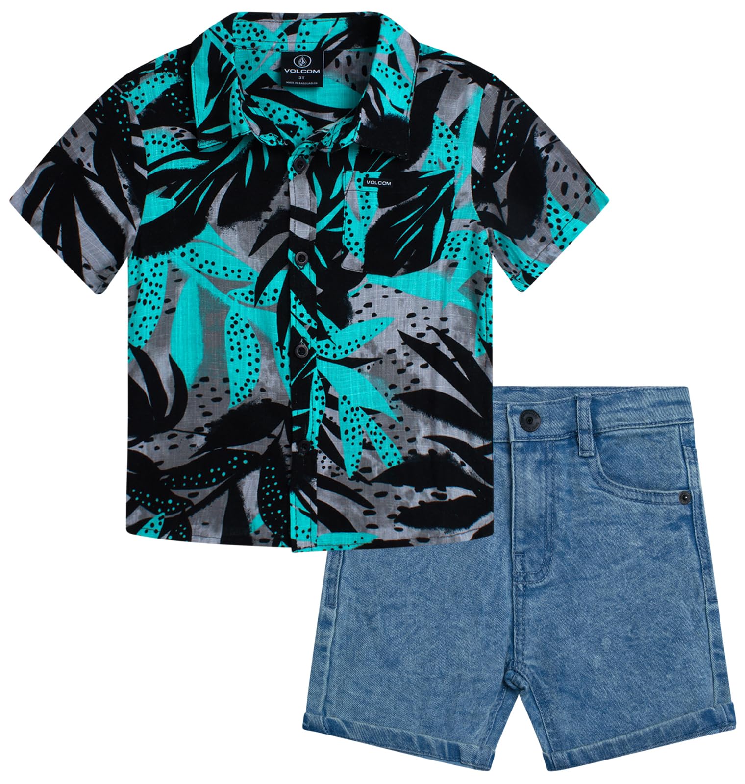 Volcom Toddler Boys Graphic Tee &amp; Denim Shorts Summer Outfit Set (12M-7) | Super-Soft Breathable Fabric, Reinforced Belt-Loop Waistband Built for Daily Play, Easy Pairing with Everyday Summer Wear