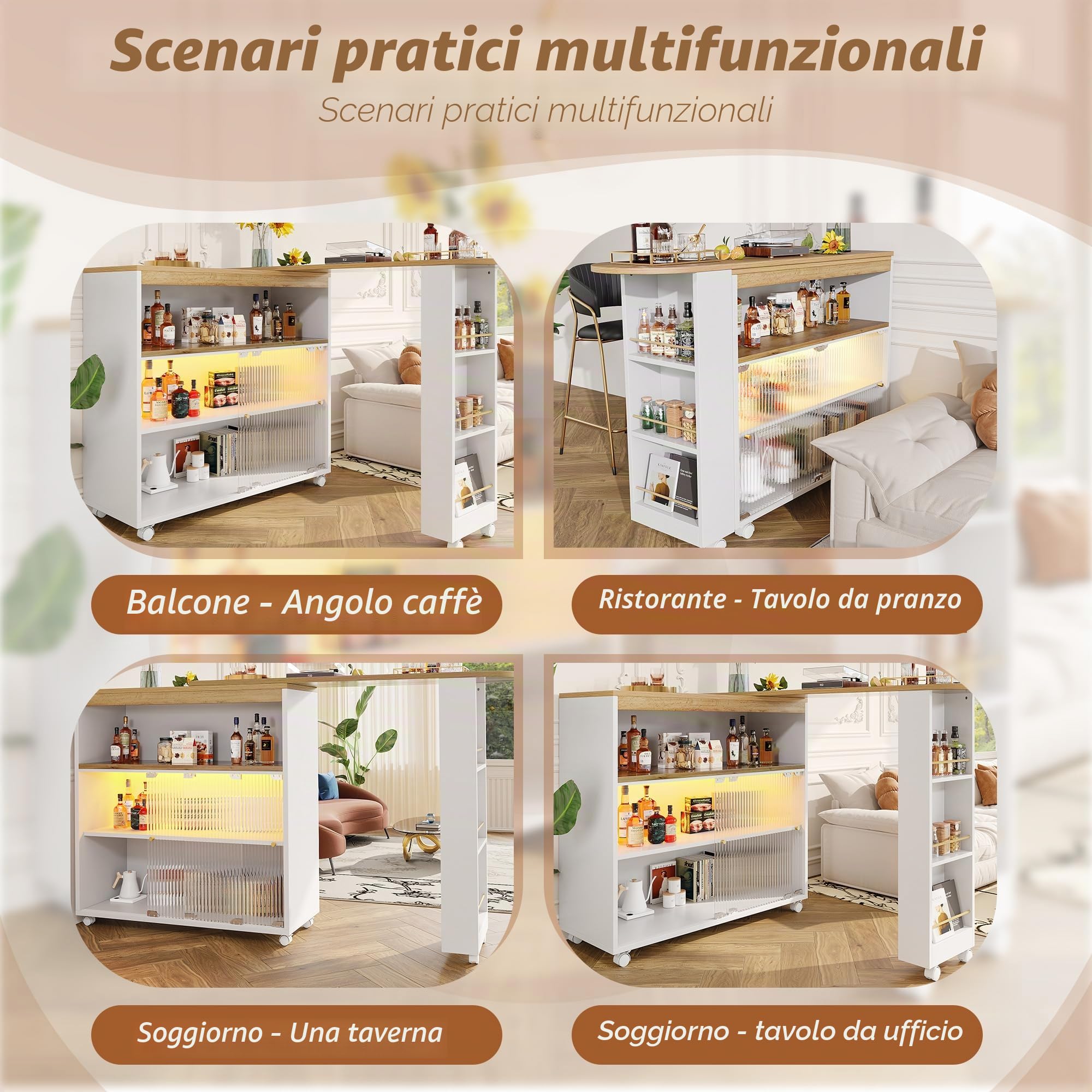 Tavolo da Bar Moderno e Mobile Con Spazio di Archiviazione, Telescopico Con LED, Bistrot da Cucina, Grande Capacità, 138-204 x 39 x 105 cm