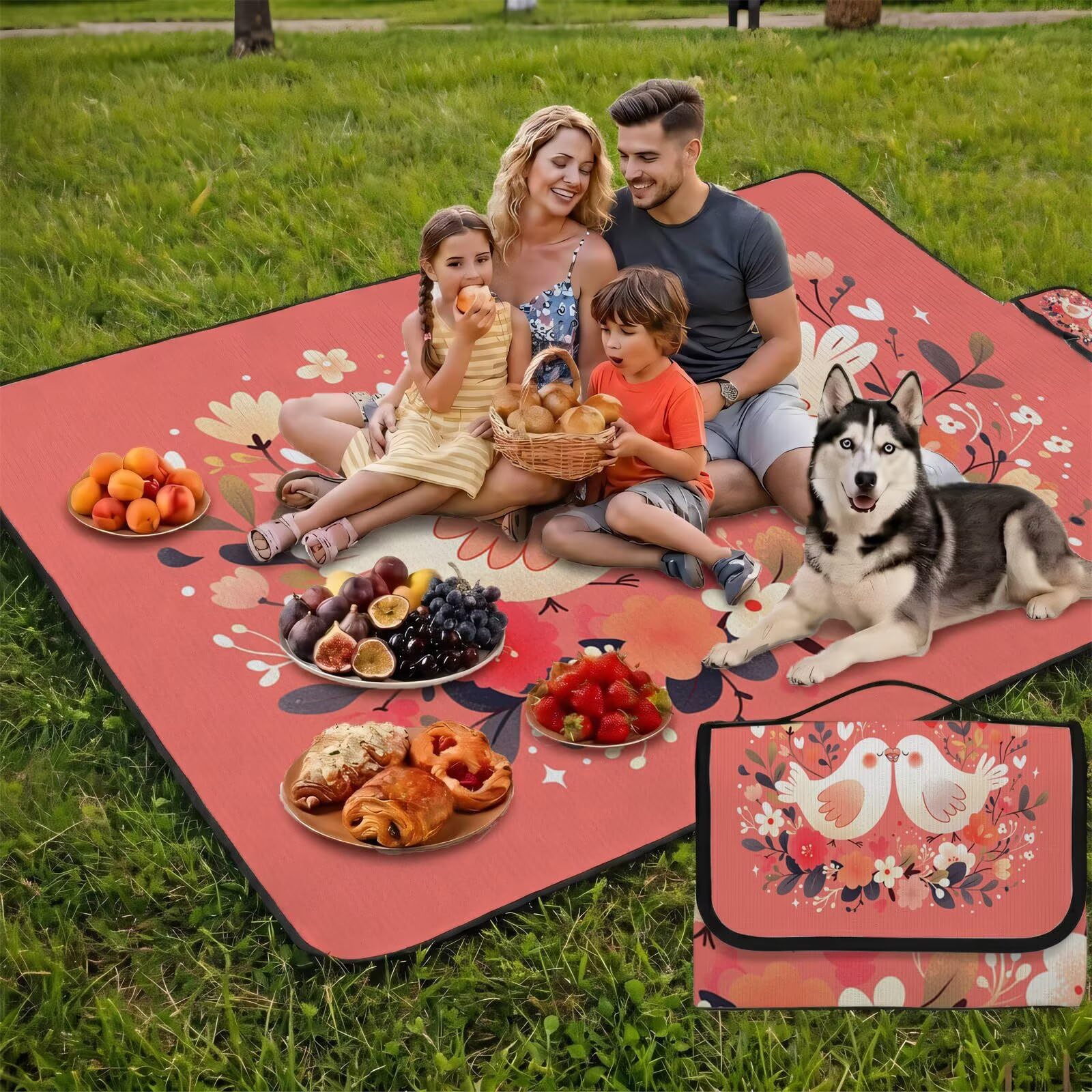 Manta de Picnic Grande 200x200 cm, Rosa Manta Picnic Impermeable, pájaro Esterilla de Playa Alfombra de Exterior, Picnic Blanket Plegable con Asa para Camping, Jardín, Césped, playa, Senderismo UZ-740
