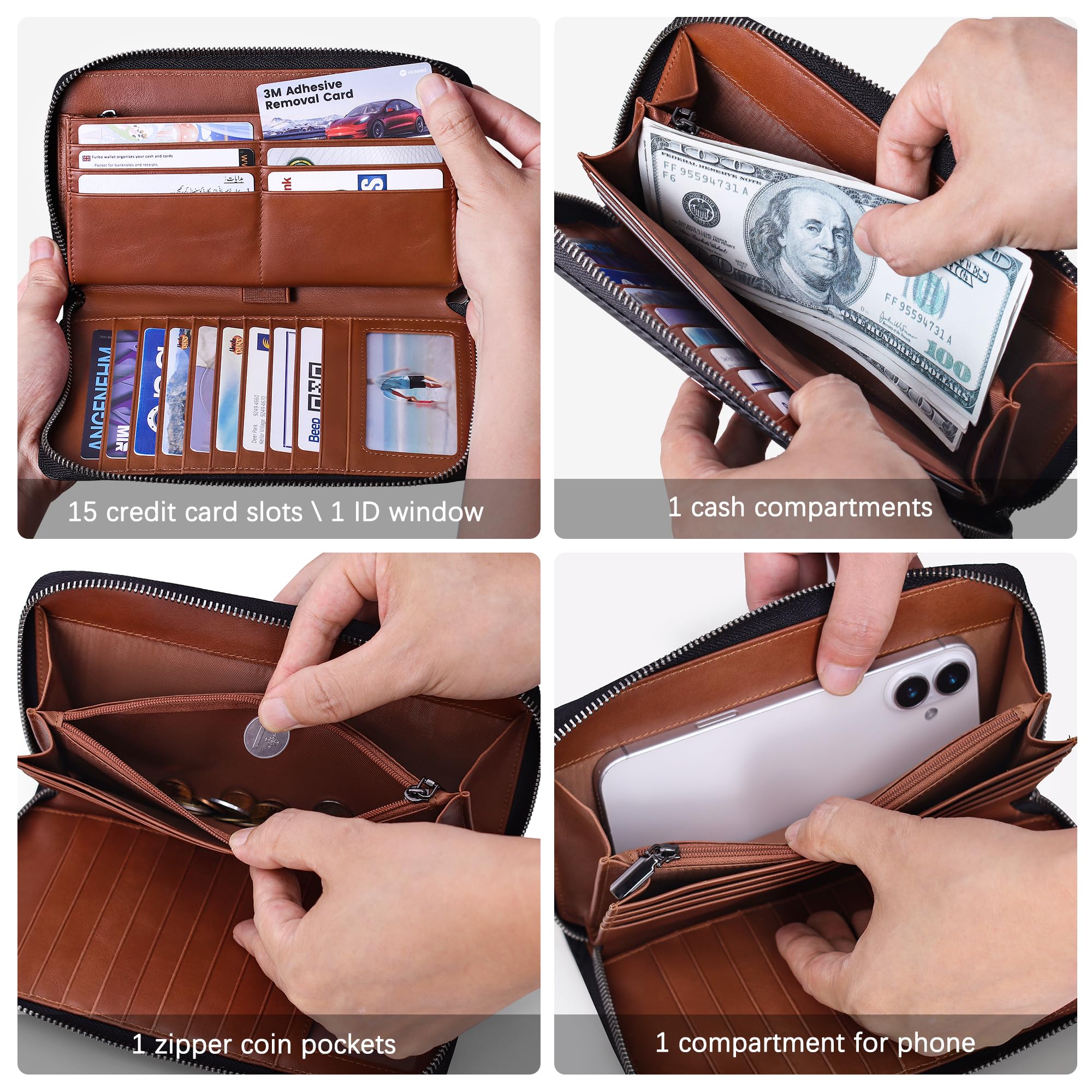 VISOUL Portafoglio Lungo da Uomo con Cinturino da Polso Staccabile, Portafoglio per Libretto Degli Assegni con 15 Scomparti per Carte-Nero+Marrone