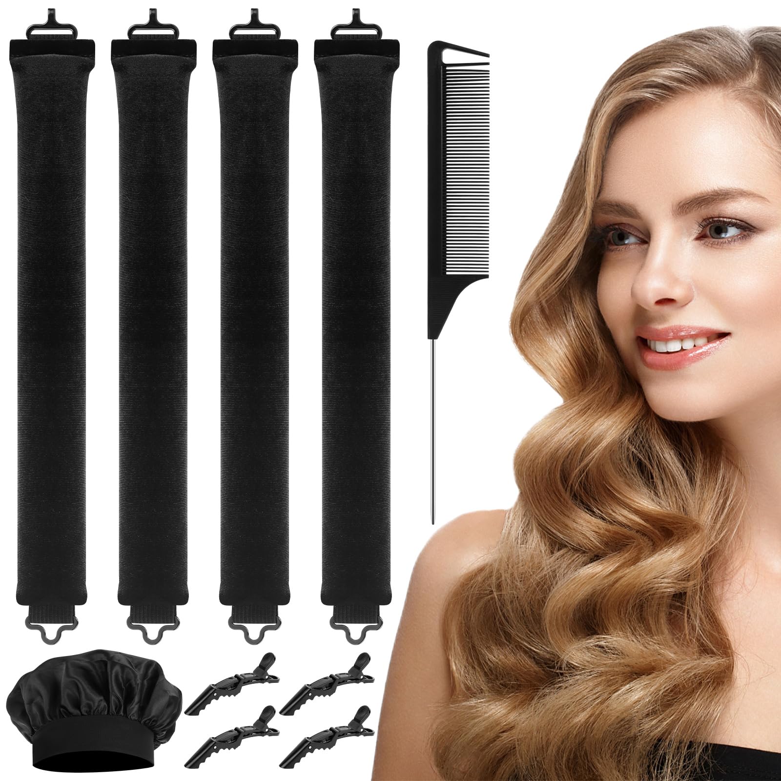 Lockenwickler Ohne Hitze Set 4PCS Haarspangen Schlafmützen Heatless Curls Overnight Hair Curler Heatless Lockenband über Nacht Locken über Nacht Ohne Hitze Blow Out Overnigh für Alle Hair Type Schwarz