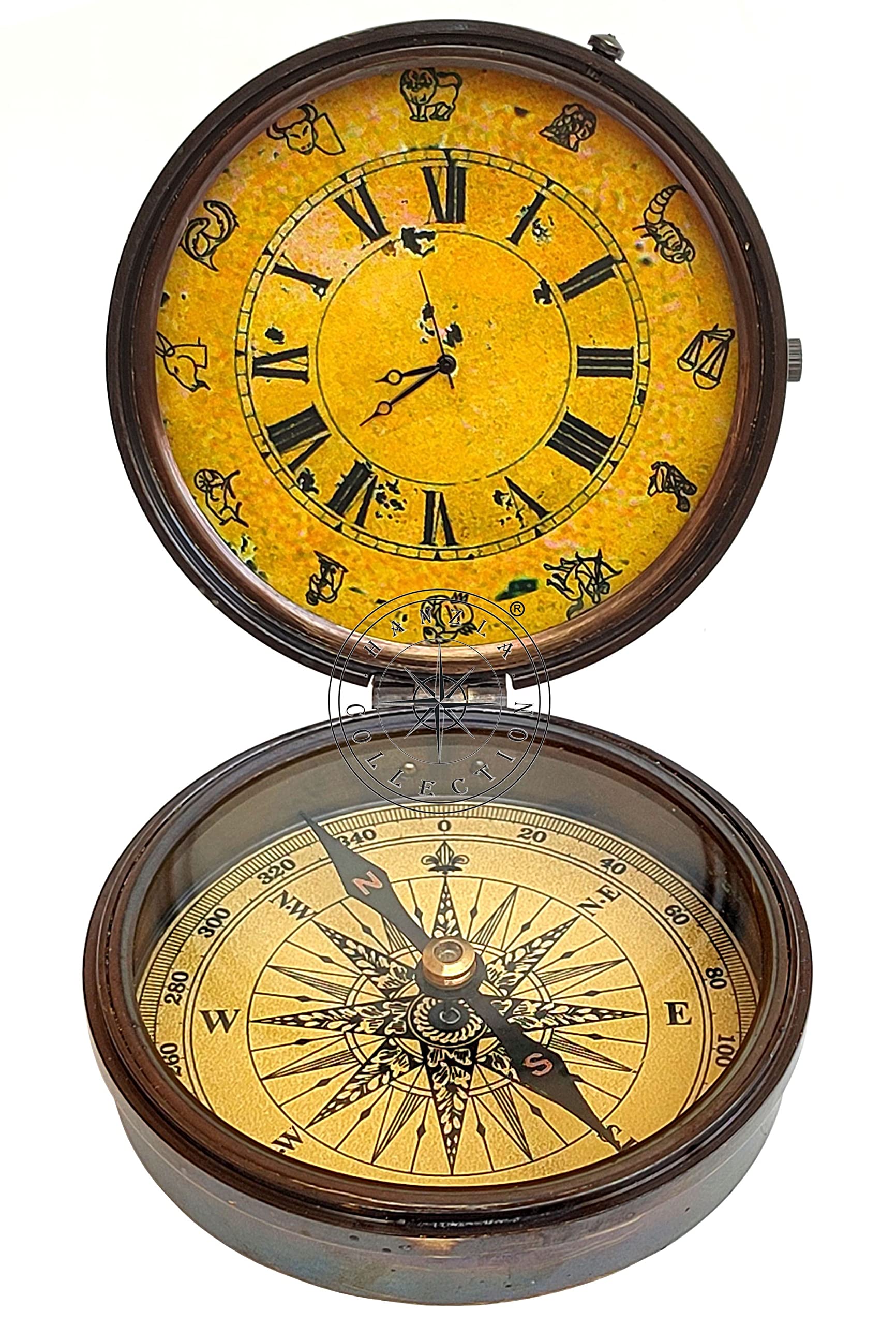 Hanzla Collection Maritime Brass Clock Compass Nautical Desk Decor Clock Antique Pocket Watch Vintage Gift