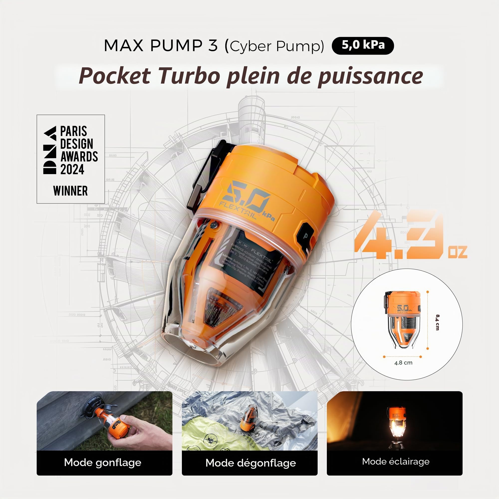 FLEXTAILGEAR Max Pump 3 Pompe à air portable, 5,0 kPa, légère, charge USB pour gonfler et dégonfler les aides à la natation, matelas à air et gilets de sauvetage