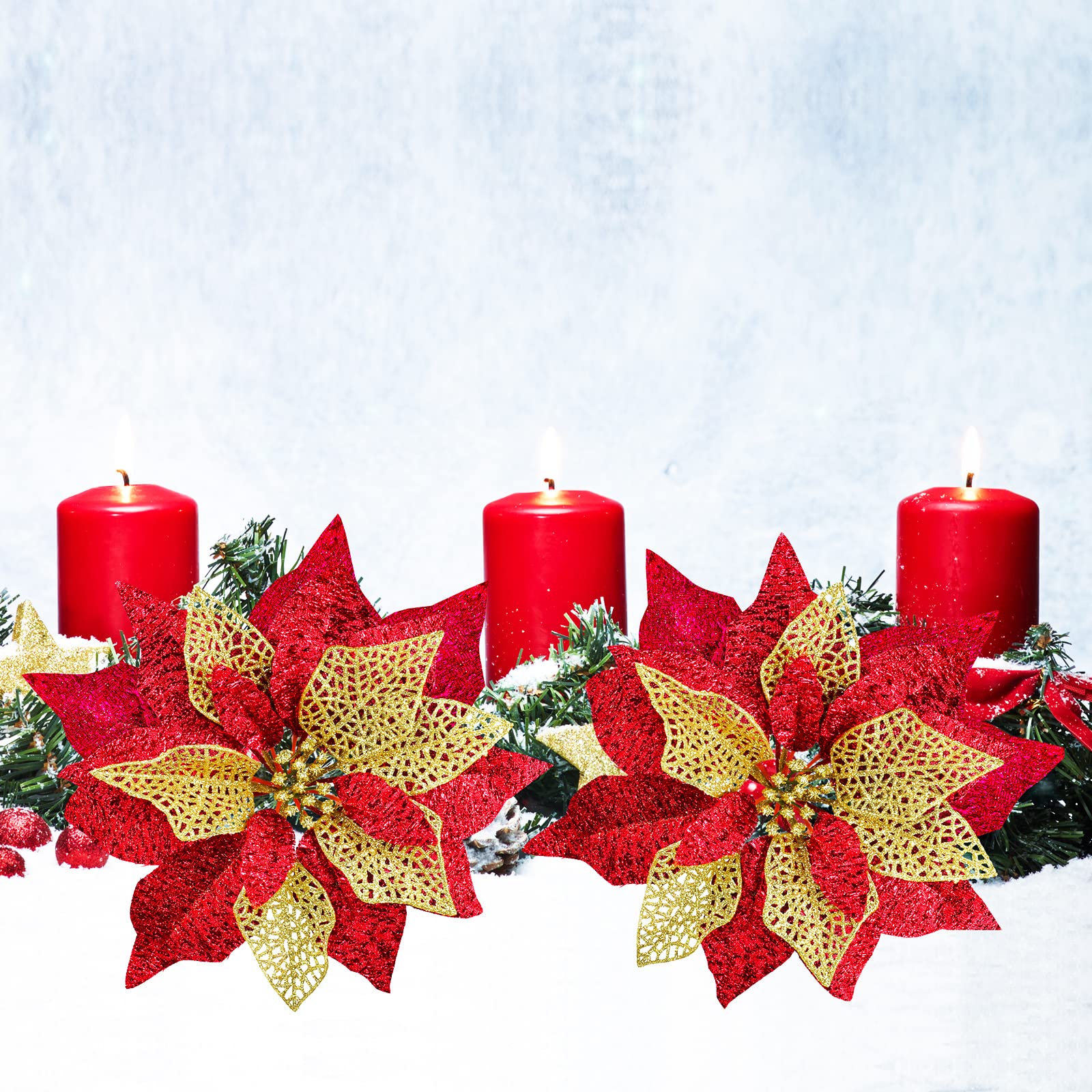 Winlyn 14 Set Weihnachten Rot Metallic Glitzer Künstliche Weihnachtsstern Blumen Picks Weihnachtsbaum Ornamente für rote Weihnachtsbaumkränze Girlande Winter Hochzeit Urlaub Dekoration mit weißer