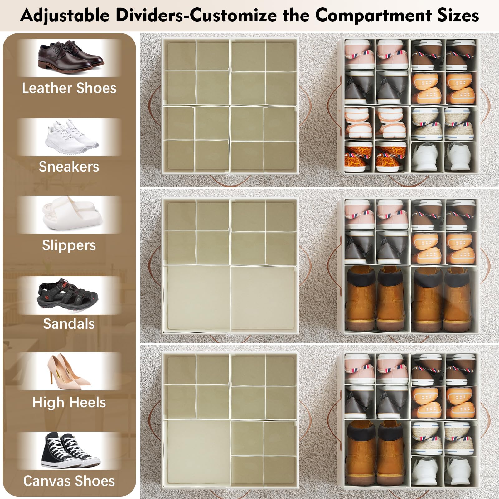 Storivo Shoe Organiser - Shoe Storage Organiser Box with Zipable Clear Cover, Adjustable Dividers Shoes Boxes Storage Fits16 Pairs - for Boots Heels Sneakers - white - 4