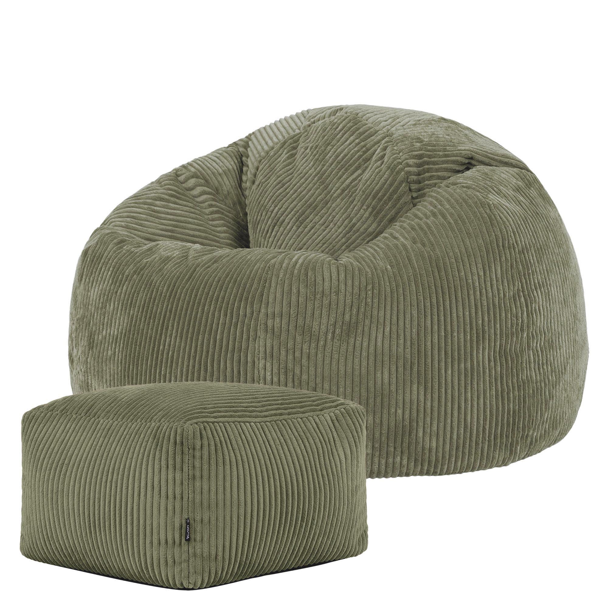 icon Kingston Cord Bean Bag with Footstool, Sage Green, Large Adult Bean Bag Chair with Filling Included, Comfy Chair, Pouffe Footstool, Living Room Furniture, Bedroom Furniture