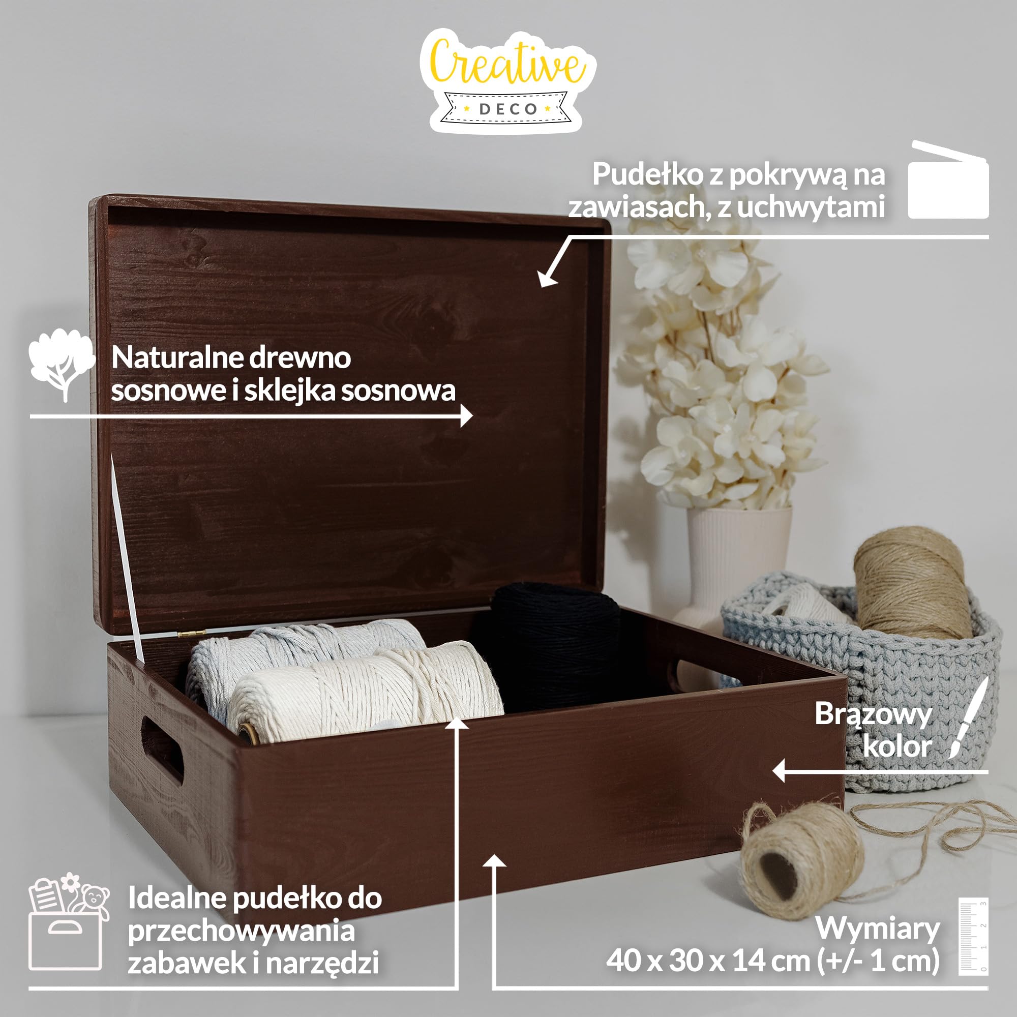 Creative Deco XL Brązowe Duże Drewniane Pudełko do Przechowywania | 40 x 30 x 14 cm (+/- 1 cm) | z Uchwytami i Pokrywą | Skrzynia do Dekoracji | na Wielkanoc Dokumenty Pamiątki Zabawki Narzędzia
