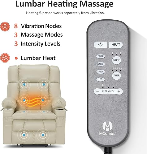 Miniatura 91 de MCombo Silla reclinable eléctrica de doble motor para personas mayores, silla elevadora plana con calor y masaje, portavasos, puertos USB, piel