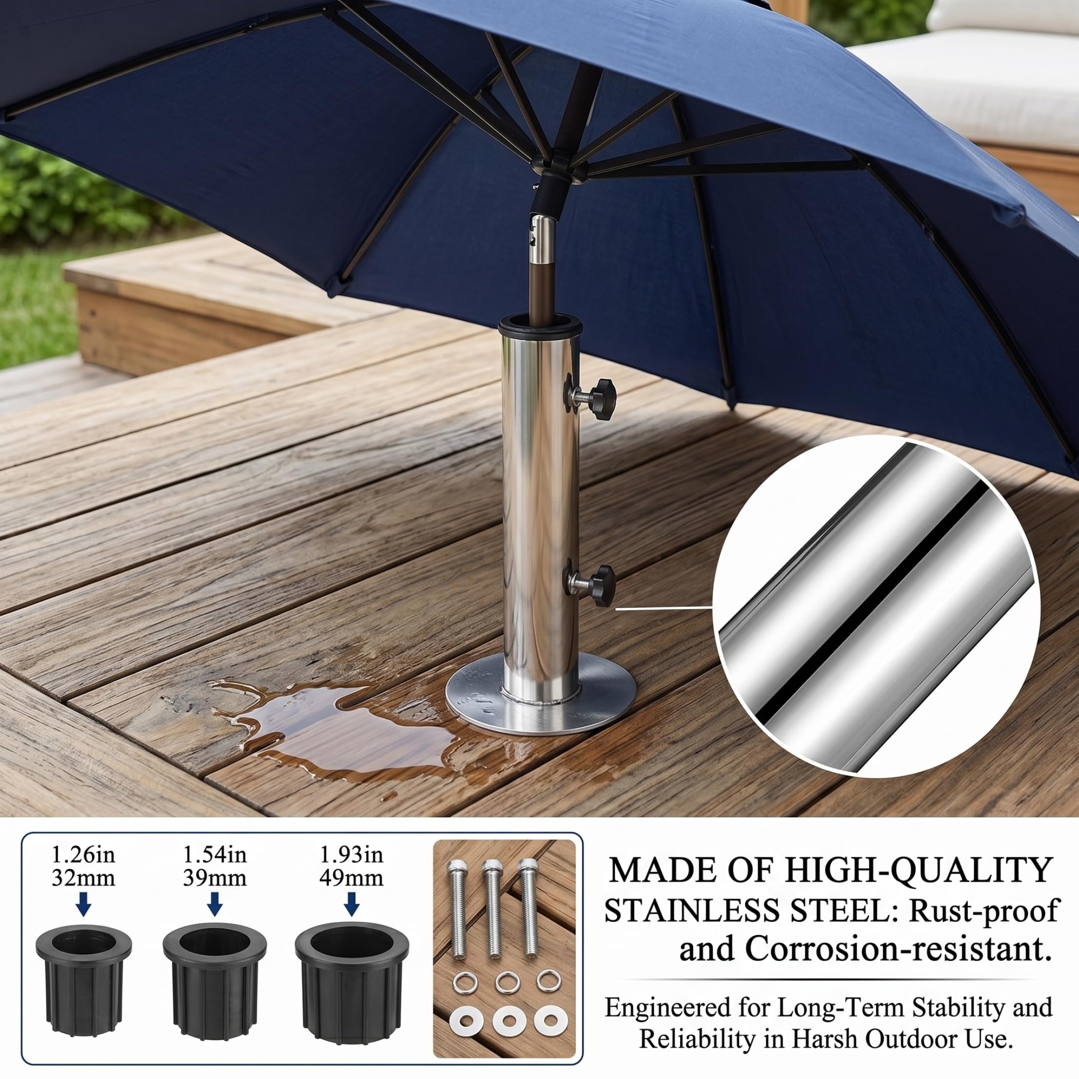 Base per ombrellone da Patio in Acciaio Inossidabile con Viti estese per Pali di Diverse Dimensioni