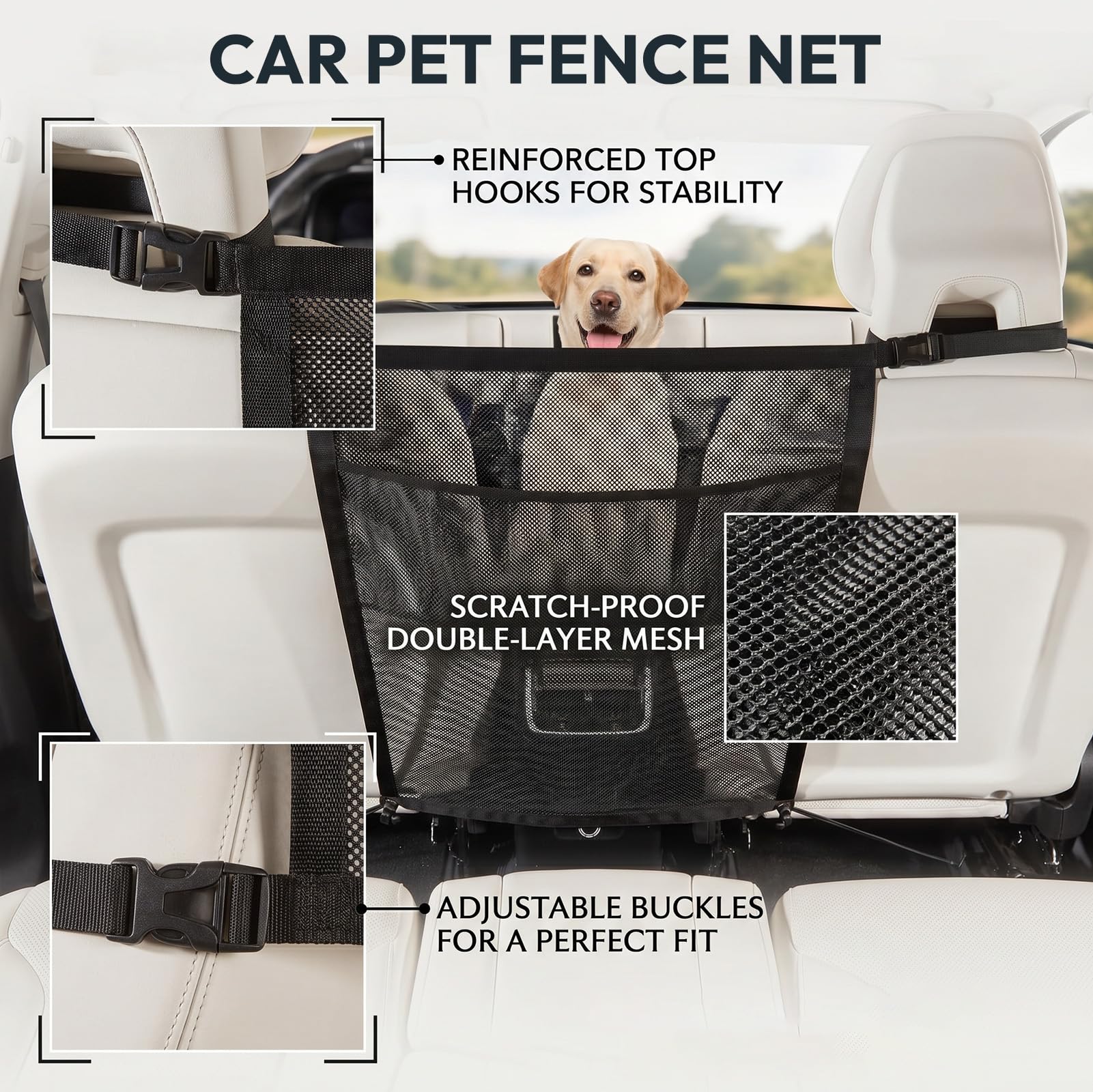 Hundegitter Auto Mit Aufbewahrungstaschen, Trennnetz Hund - Hundenetz für Vordersitz, Auto-Netz-Organizer, Universal Rücksitzsperre, Hundebarriere, Hunde-Autotrenner für LKW, SUV und Limousinen