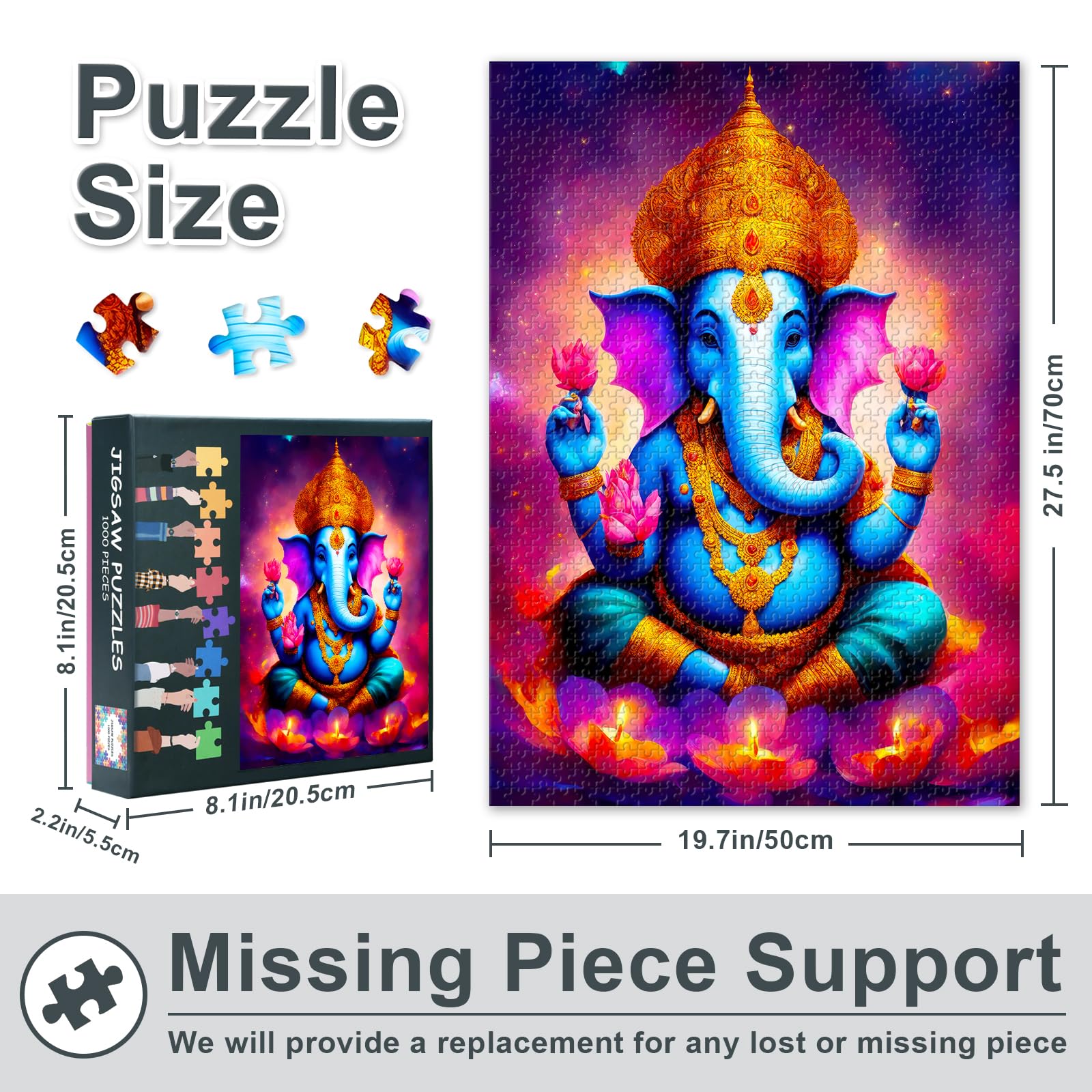 1000 Piece Jigsaw Puzzle Ganesha The Lord Of Wisdom Hindu God Art Indian Mythology Wall Decor Spiritual Gift Premium Quality 27.5x19.7 Inches - Image 3