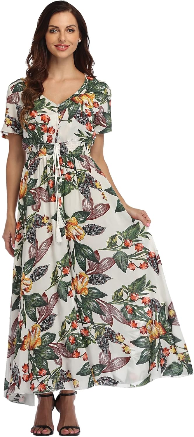 Ferrendo Women's Floral Maxi Dress Button Up Split Flowy Bohemian Party Beach Dresses