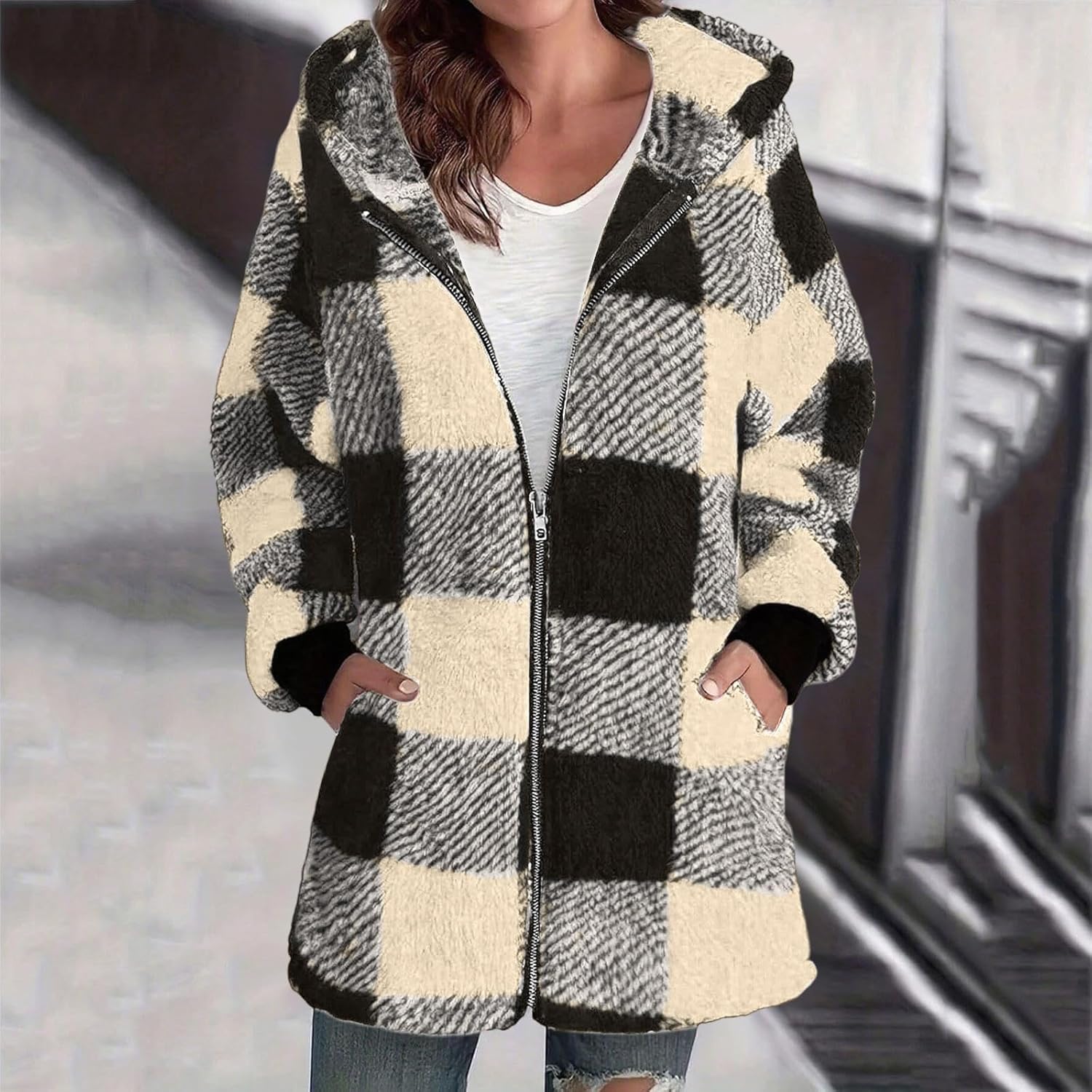Womens Fleece Plaid Coat Zip up Sherpa Hoodies Jacket with Pockets Long Fuzzy Coats Lightweight Fluffy Fall Outwear - Image 2
