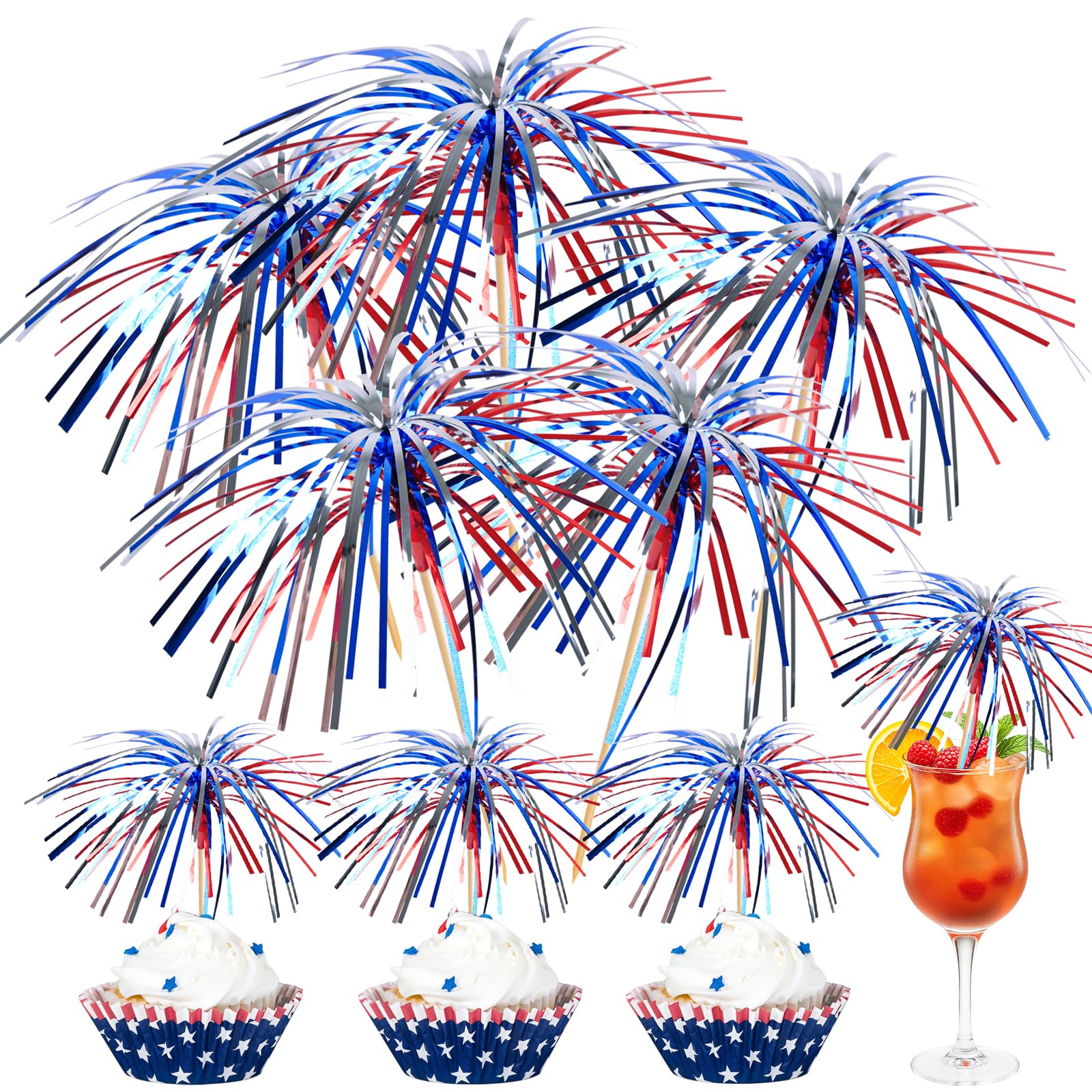 Photo 1 of 100PCS 4th of July Cocktail Picks 4.7 Inch, Patriotic Firework Fancy Toothpicks Bamboo Appetizer Toothpicks Food Picks for Independence Day Fourth of July Party Supplies (Firework)