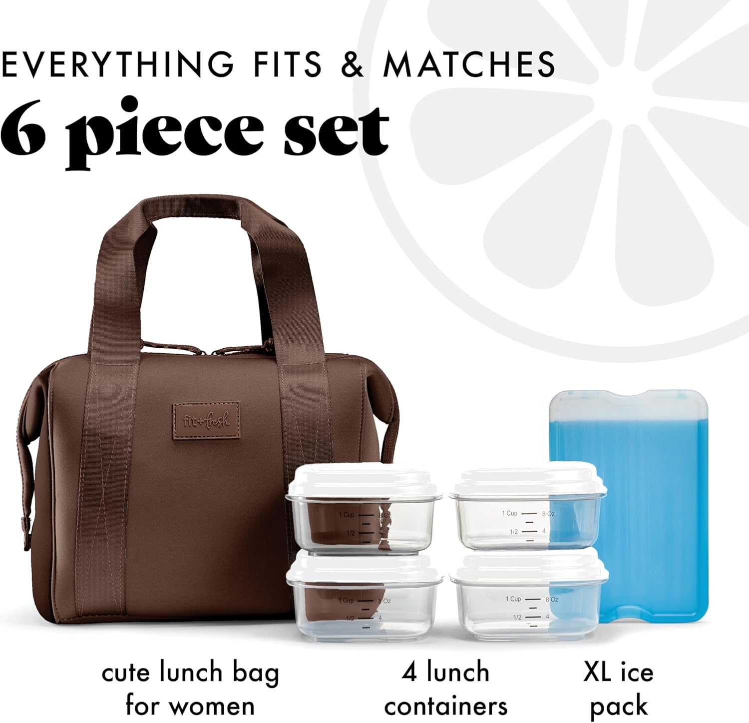 Fit & Fresh Remi Neoprene Lunch Bag For Women - Meal Prep Kit with Containers & XL Ice Pack, Self Insulating Neoprene-like Material, Machine Washable Lunch Bag, Tear & Stain-Resistant, Chocolate