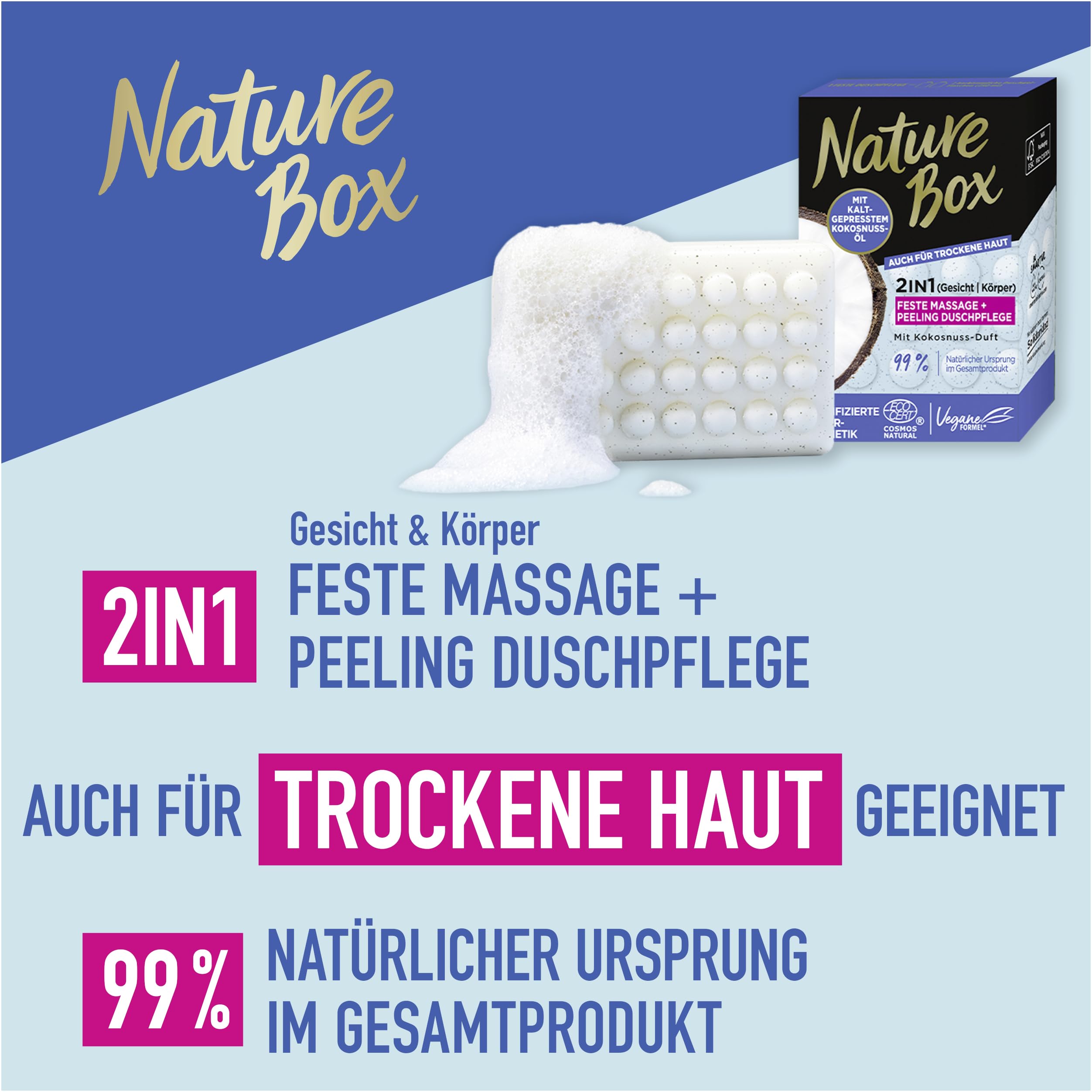 NATURE BOX feste Duschpflege 2in1 Massage + Peeling Mit Kokosnuss-Duft, 6er Pack (6x 90 g)