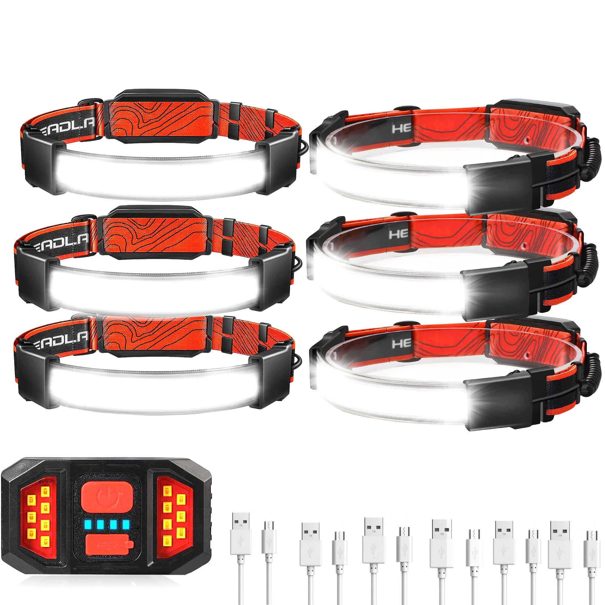 Aikertec Paquete de 6 faros recargables de haz ancho de 1000 lm, luz roja con luz trasera eléctrica, 3 modos, faros impermeables, lámpara de cabeza dura para correr, acampar, pescar