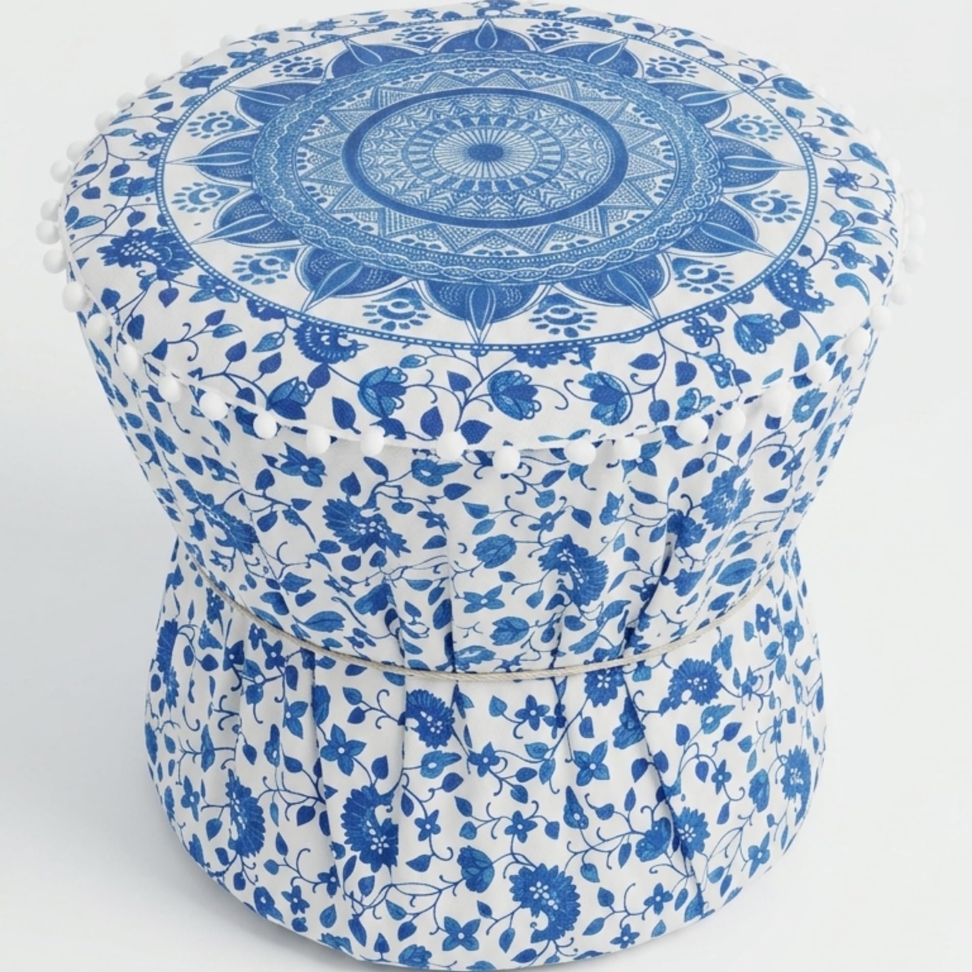 Blue-White Boho Pouffe Ottoman Muda Cover Round Mandala Print Cotton Footstool Set of 1 Pieces Mudda Cover ONLY-image-24