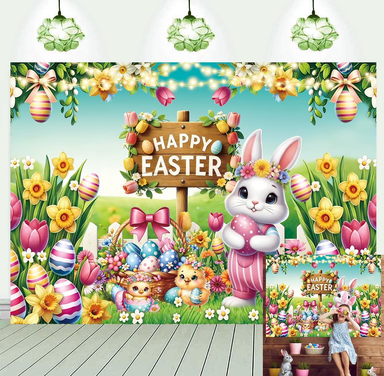 Happy Easter Backdrop Bunny Colorful Eggs Floral Spring Garden Green Grass Photography Background Kids Baby Shower Birthday Party Decorations Banner Photo Props (7x5FT)