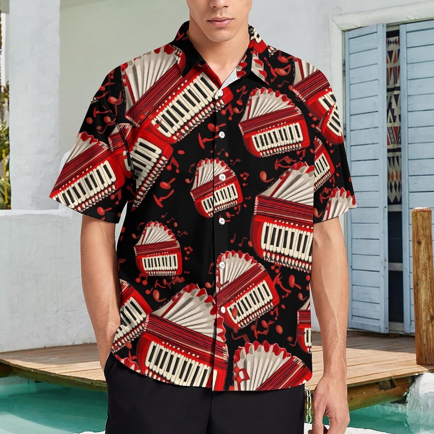 Accordion Player Folk Music Hawaiian Shirt for Men Short Sleeve Beach Shirts Casual Beach Party Clothing Tops S