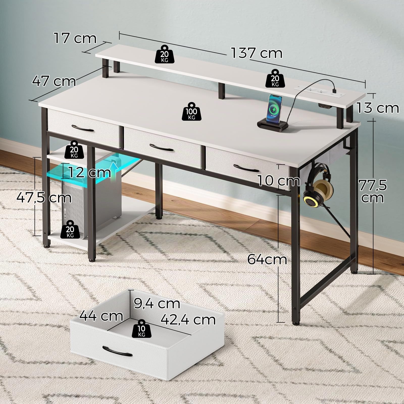 Rolanstar Schreibtisch mit Schubladen, Computertisch mit Steckdosen & LED, Gaming Tisch mit Monitorständer, Regal & 2 Haken, Gaming Schreibtisch für Büro, Wohnzimmer(Weiß, 137x47x90,5cm)