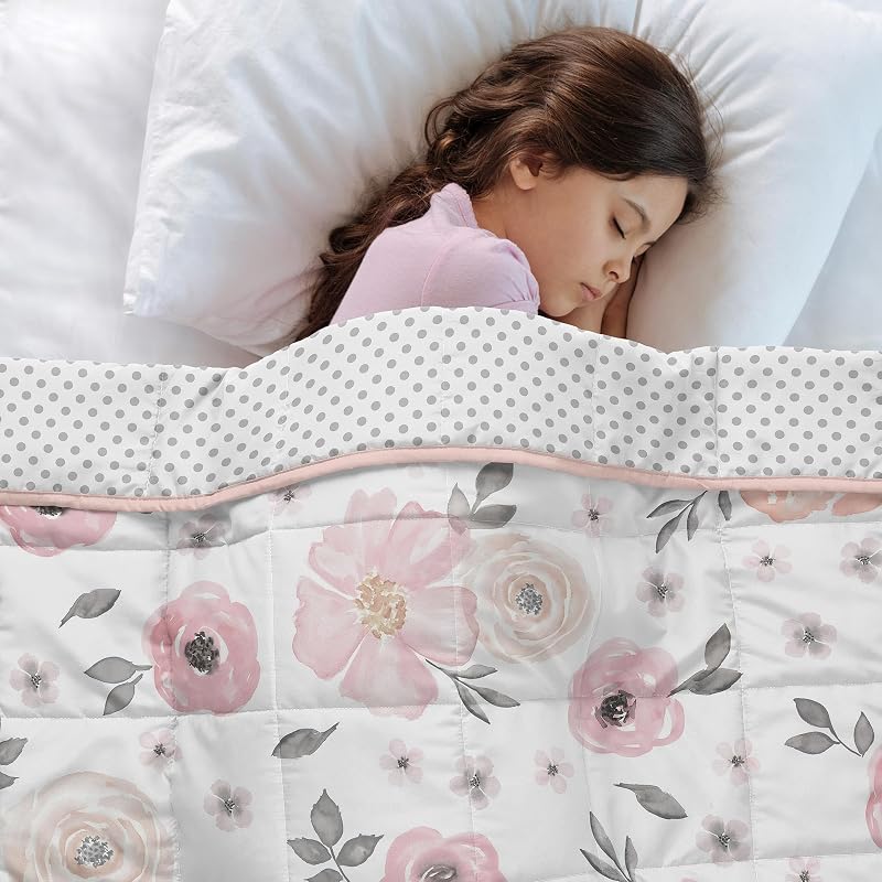 Sweet Jojo Designs Weighted Blanket Kids (Pink/Grey Boho Floral) for Girls, Children Small Size Throw Lap Pad Washable 5 pounds (Shabby Chic Rose, Polka Dot Farmhouse, Bohemian, Elegant, Blush Flower)