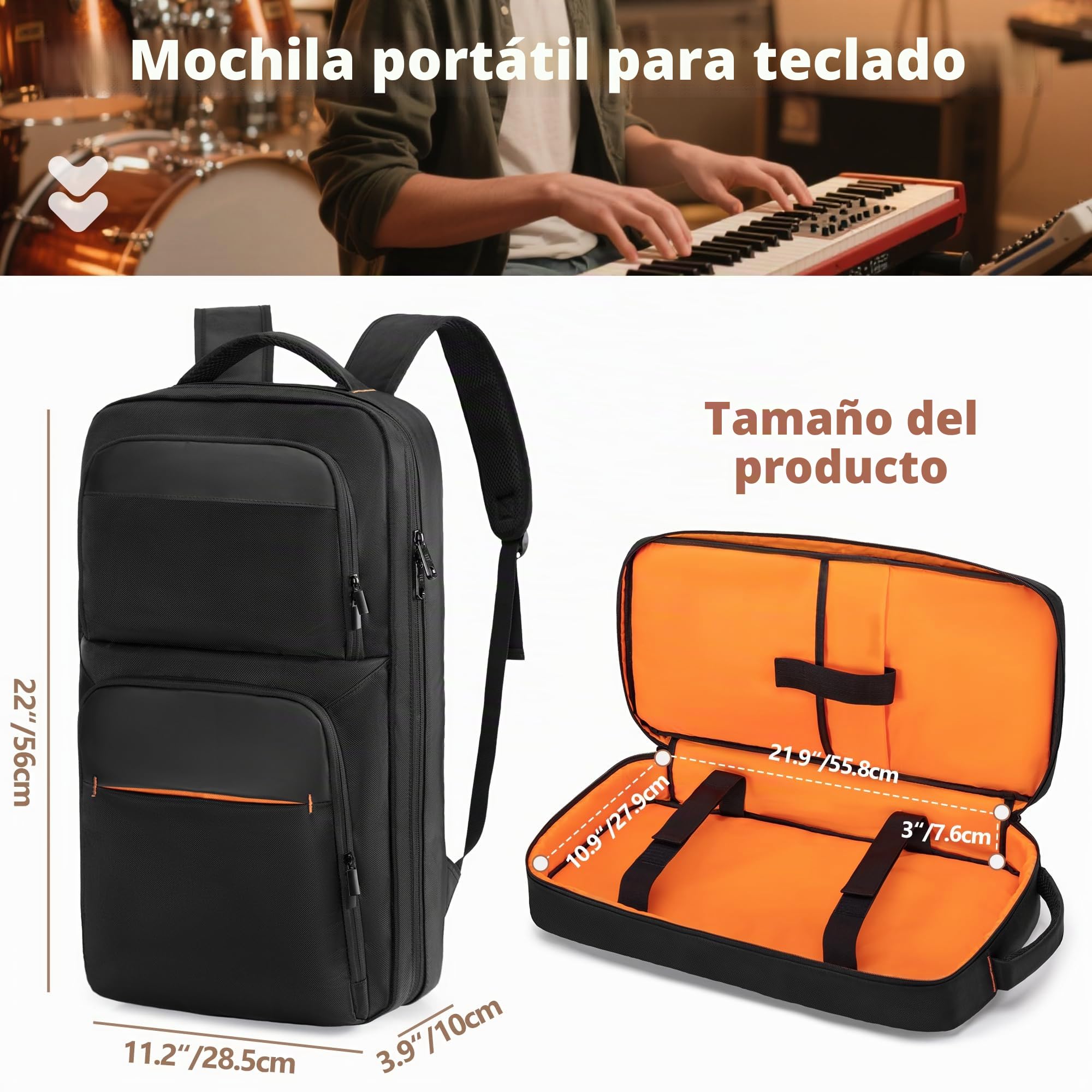 Rexmica Mochila Portátil para Teclados de Piano 37 Teclas, 28,5 x 10 x 56cm | Funda Protectora para Controladores Midi, Bolsa para Pianos Digitales 37 Teclas, Ordenador Portátil, Micrófonos y Cables