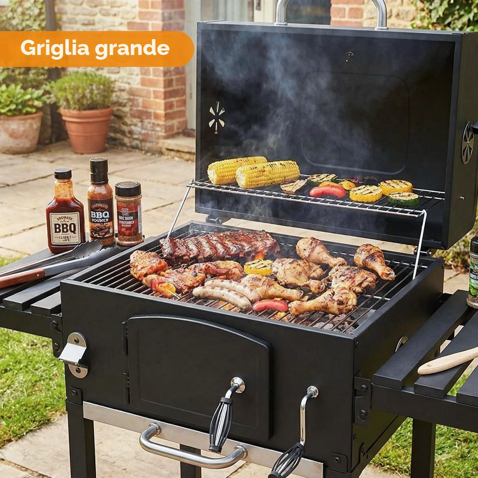 LIFERUN Barbecue Carbonella XXL con Coperchio, Griglia per Barbecue con Copertura Impermeabile, Ruote e Termometro, Altezza regolabile, Grande BBQ Smoke, per Campeggio, Giardino