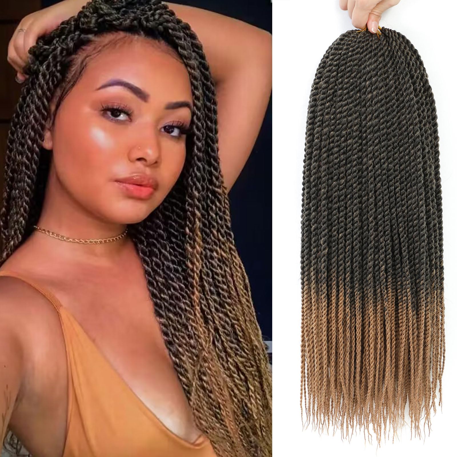 BEFUNNY Senegalese Twist Crochet Hair-8 Packs 14 Inch Two Tone Senegalese Twist Crochet Braids For Women Human Hair,Black/Honey Pre Looped Crochet Braids, Synthetic Twist Crochet Hair (14in,T1B/27#)