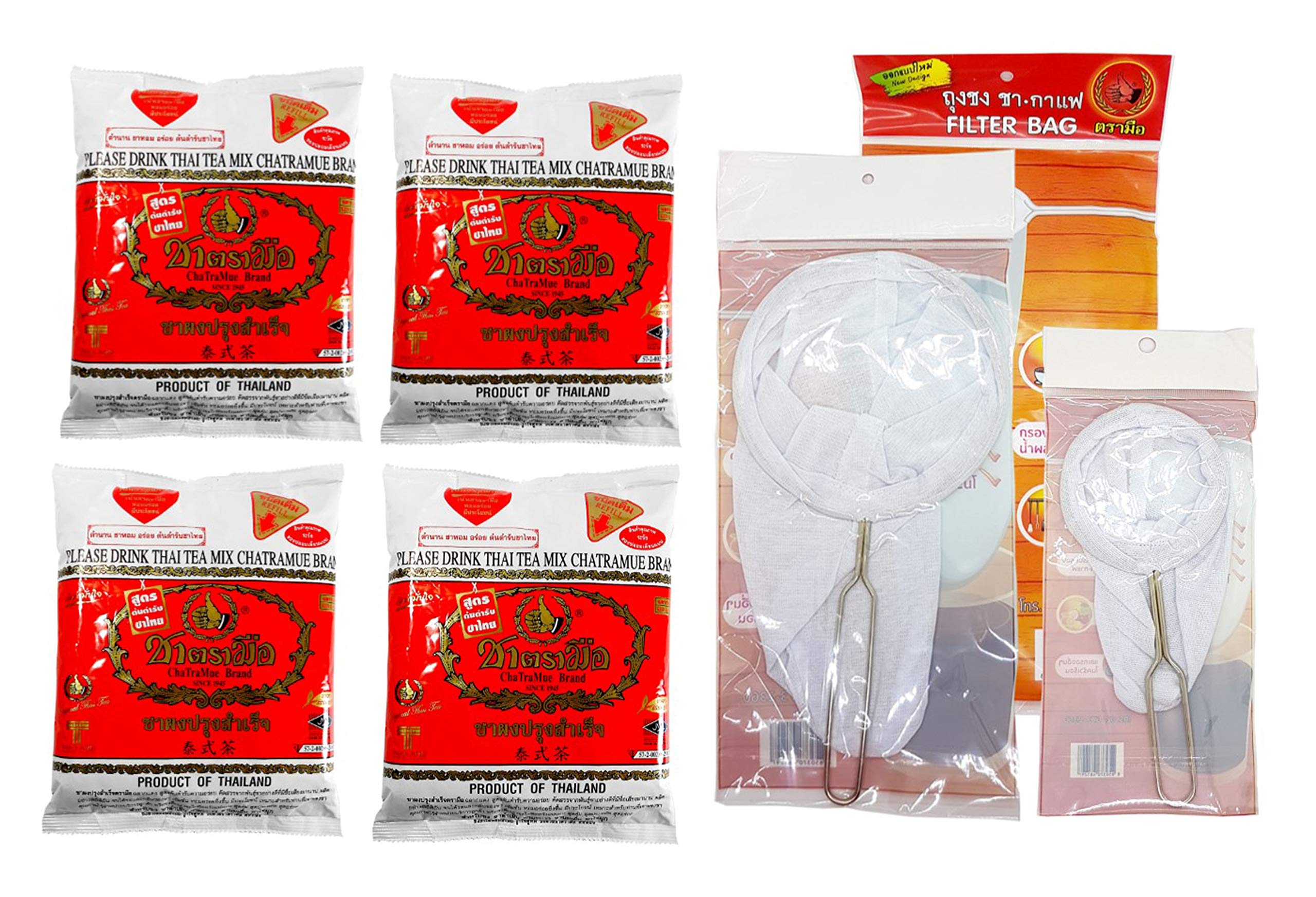 Number One Hand ChaTraMue Brand Original Thai Iced Tea Mix 6-Piece Bundle- 4 Bags Tea Mix & 2 Cloth Strainers (1 Lg & 1 Sm)