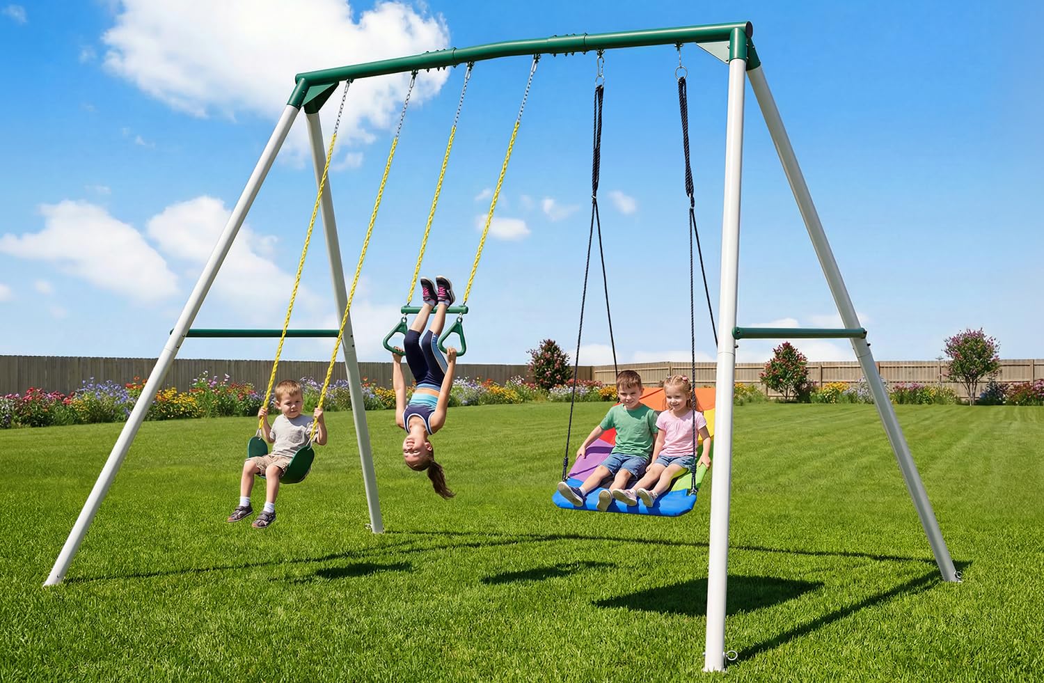 Hapfan 9.5' Tall Swing Sets for Backyard with Platform Swing, Heavy Duty Metal Swingset Outdoor for Kids with Trapeze Bar