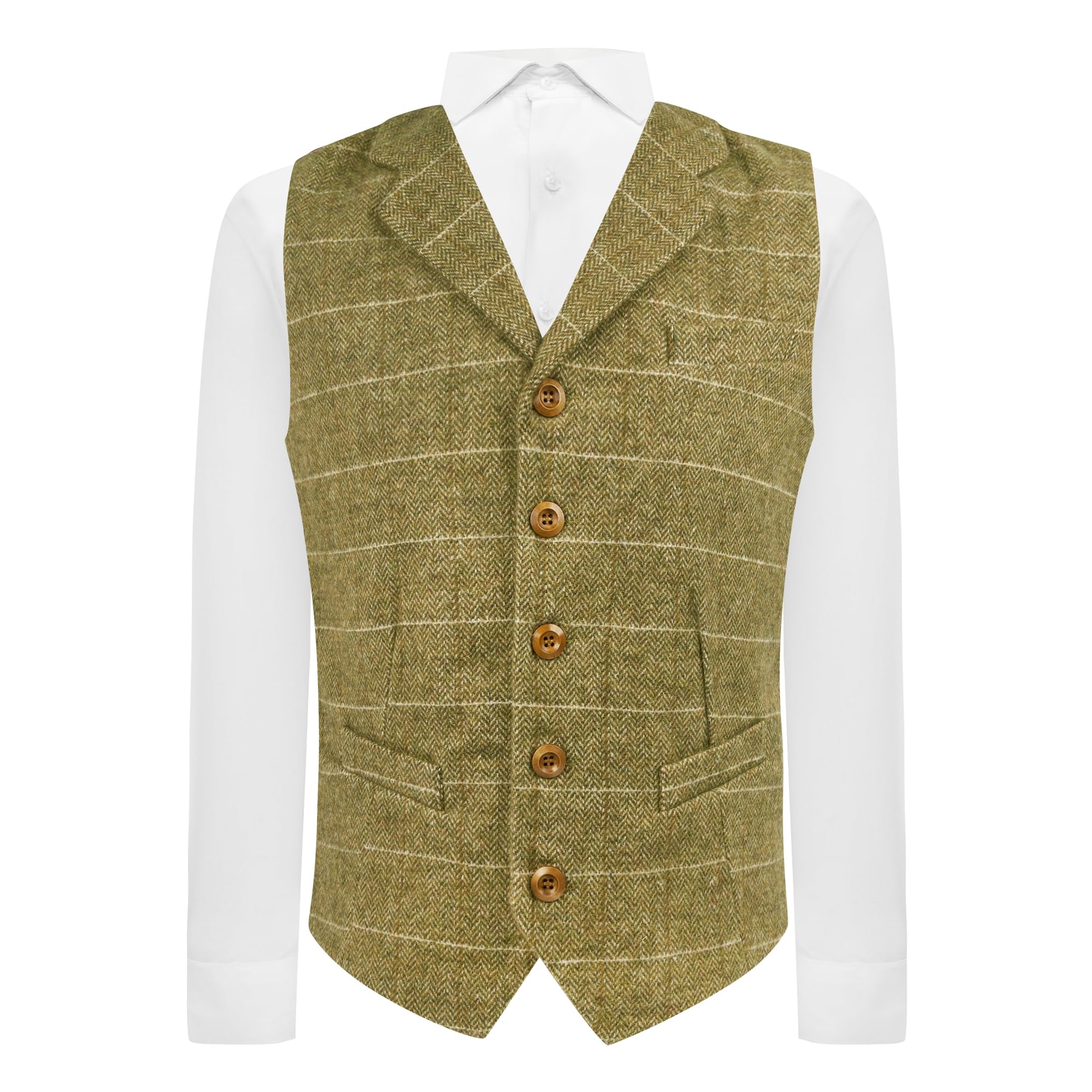 King & Priory Men's Green Herringbone Windowpane Check Waistcoat With Lapel - M