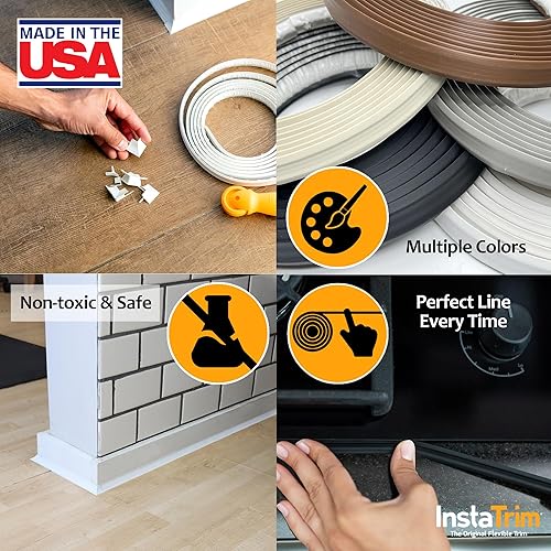 Miniatura 2 de Cinta adhesiva InstaTrim solución flexible, autoadhesiva, para calafateo y recorte, cubre espacios en paredes, techos, zócalos, suelos, encimera,