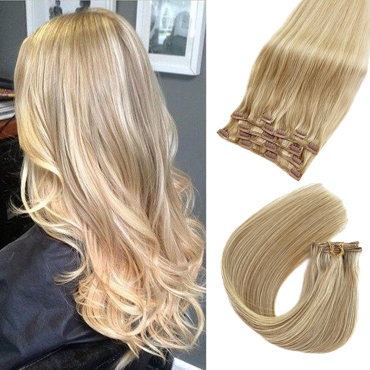 Photo 1 of Clip in Hair Extension Human Hair Balayage Blonde Mixed Bleach Blonde Real Hair Extensions Clip in Human Hair Extensions Real Human Hair 16 Inch for Full Head 7 Pieces 70 Gram
