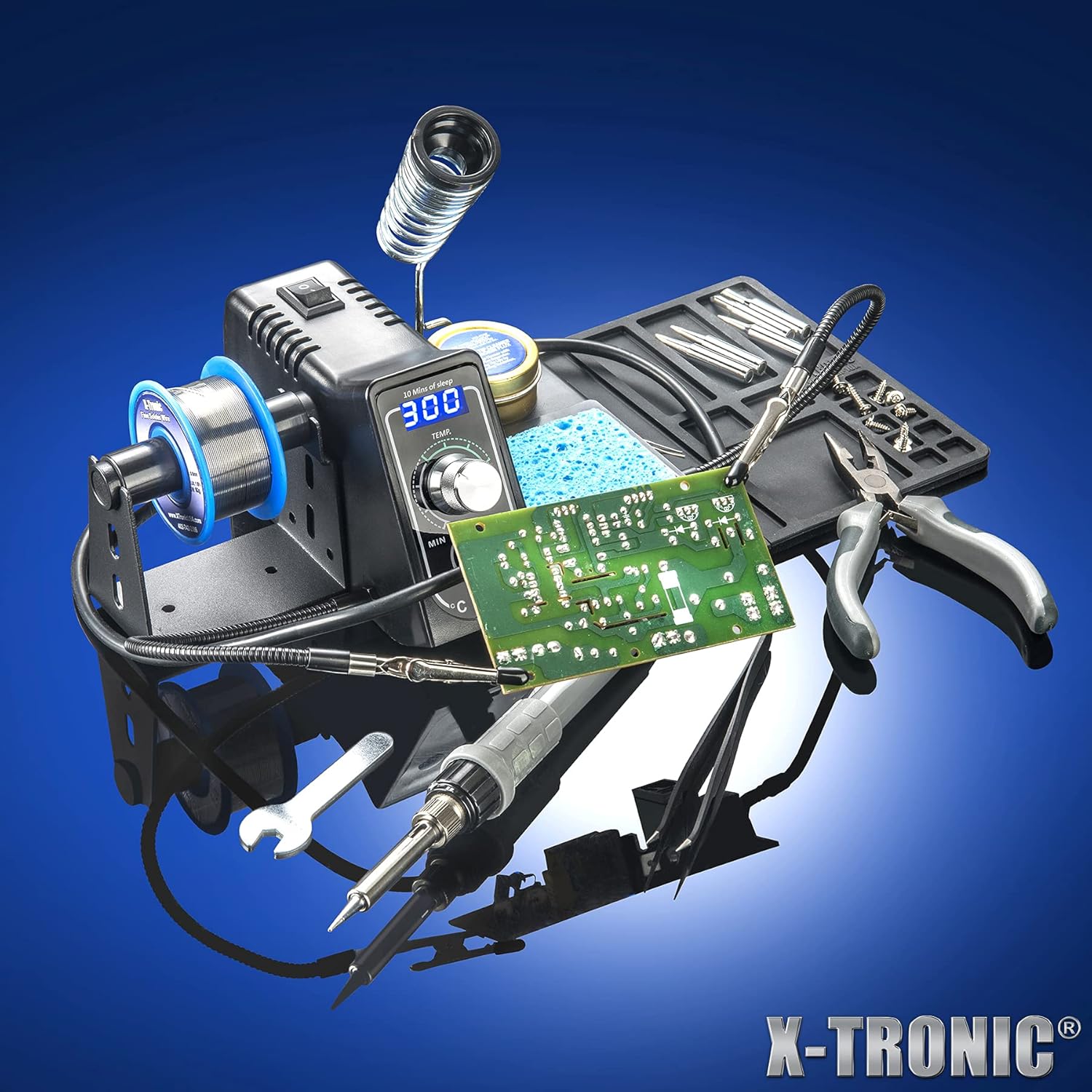 The Original X-Tronic 3020-XTS • 75W Soldering Iron Station Kit • 2 Helping Hands • 5 Extra Tips • Roll of Solder • Brass Sponge & Flux • Tweezers • Solder Sucker • °C/°F Toggle & Sleep Features!