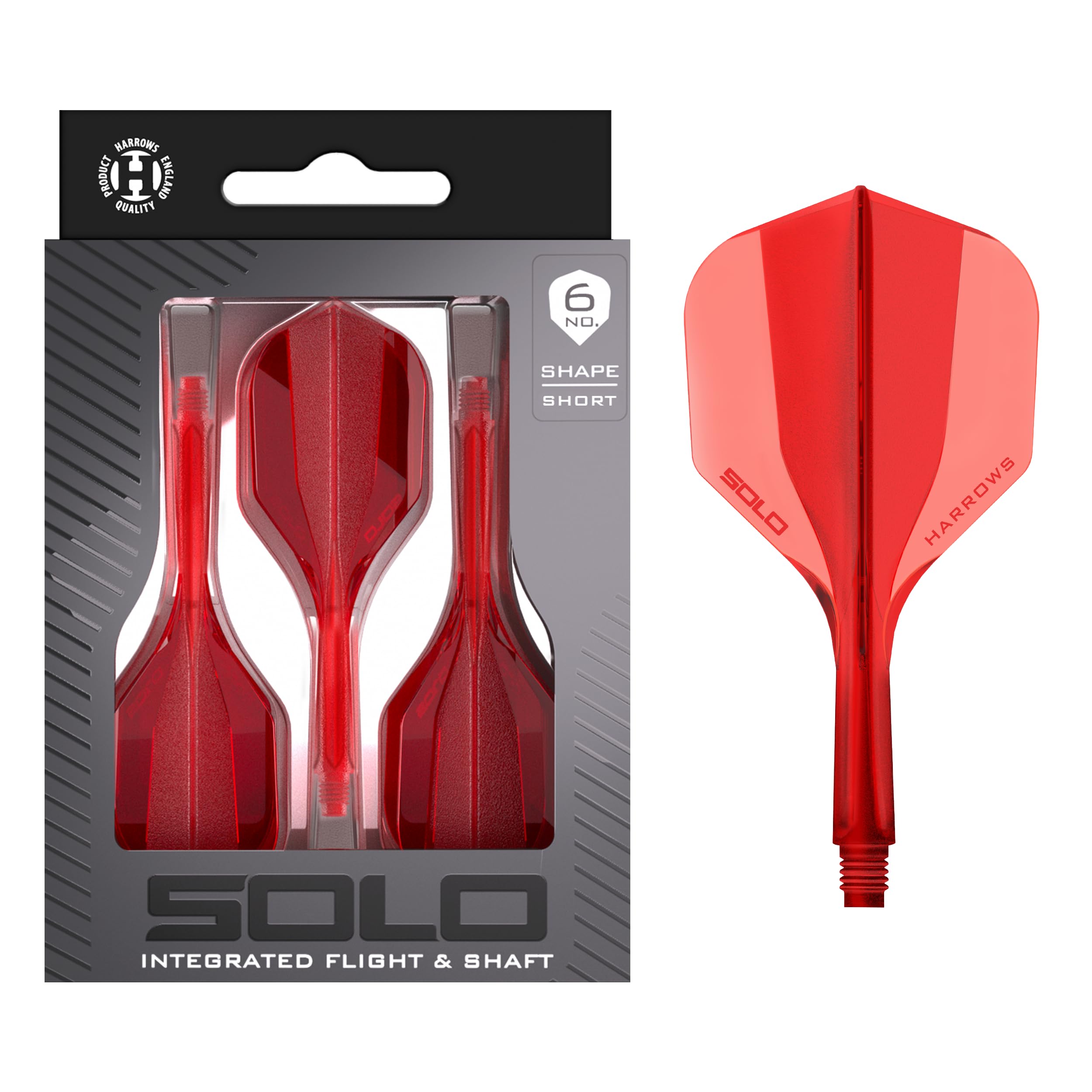 Harrows Solo Integrated Flight & Shaft System – 3 Molded Flights & Shafts – One-Piece Aero Core Construction – Fixed 90° Design for Stability (Red, Short)
