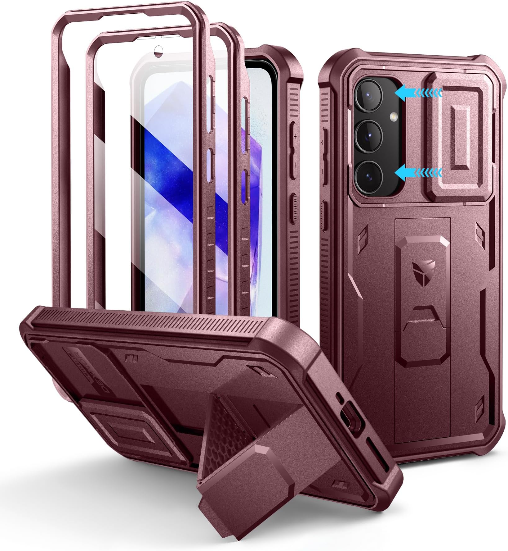 Dexnor for Samsung Galaxy A35-5G Case, [2 Front Frame] [Built-in Slide Camera Cover & Kickstand] Heavy Duty Military Grade Protection Shockproof Phone Case with Screen Protector, 6.6 inch Maroon Red