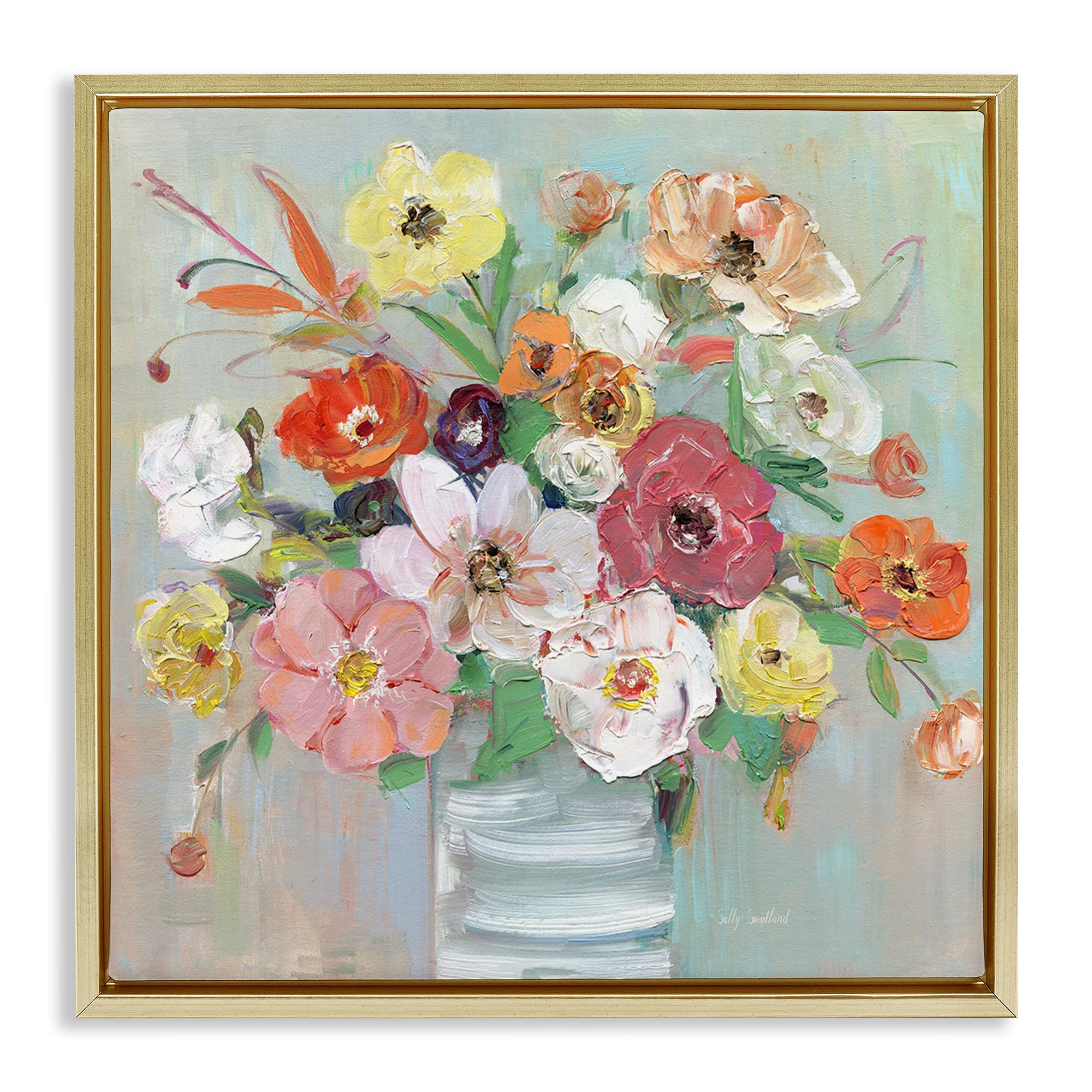 Stupell Industries Vibrant Spring Bouquet 'Energetic Blossom Bouquet', Floating Frame Canvas Art, Gold, 18 X 18 Inches, Easy To Hang And Sturdy, Made In Usa, By Sally Swatland