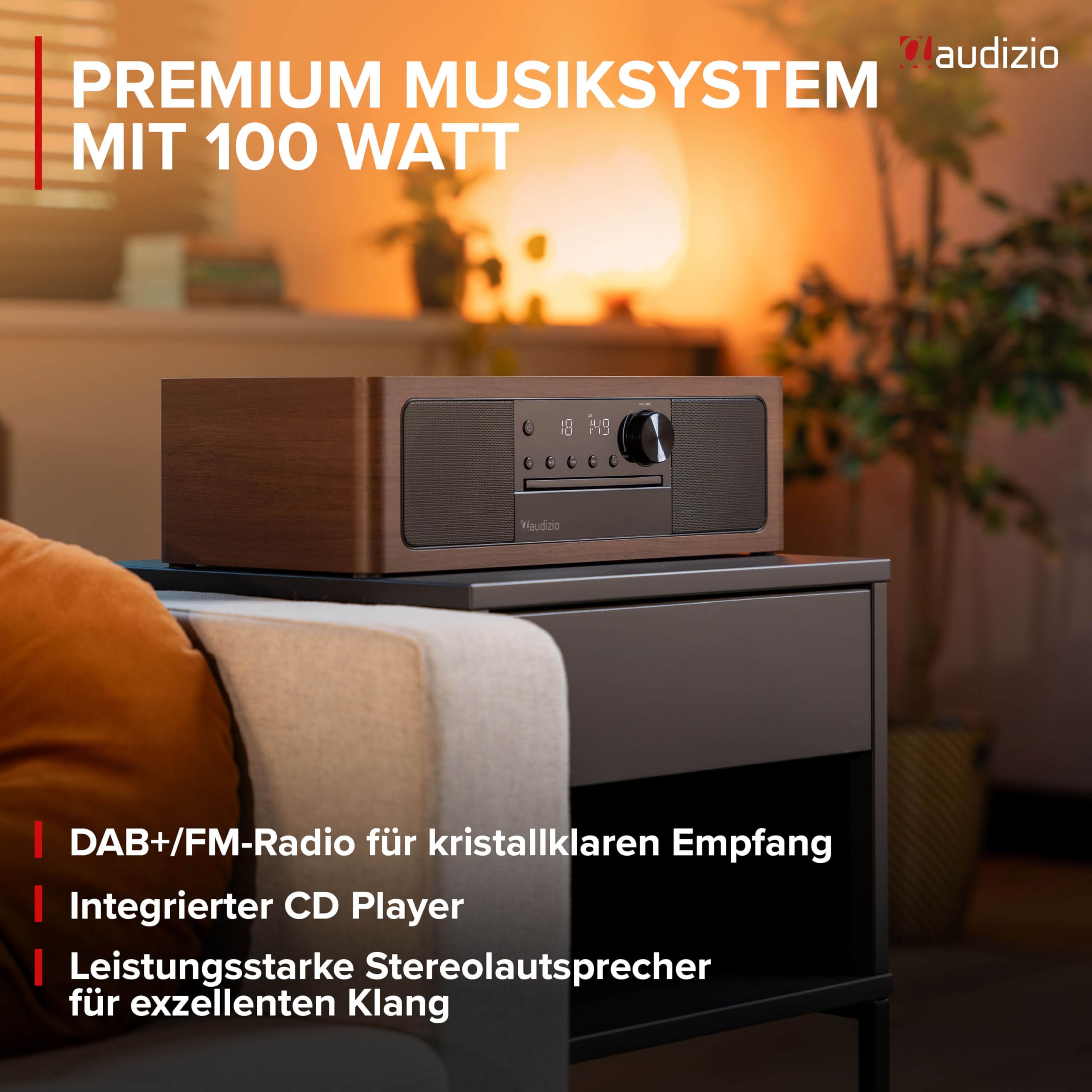 Audizio Lunata - DAB Radio mit CD Player, 100W Stereoanlage mit CD & Bluetooth 5.3 - Musikanlage mit HDMI, USB & AUX, DAB Plus Radio Musikanlage mit Fernbedienung - Schwarz/Holz