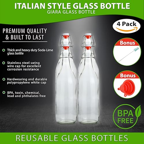 Miniatura 3 de AYL Botella de vidrio abatible [1 litro / 33 onzas líquidas] [Paquete de 4] – Botella de cerveza oscilante con tapón para bebidas, aceite, vinagre