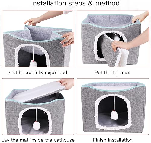 Miniatura 5 de Cat Beds for Indoor Cats -Foldable Cat Cube Cave House with Removable Sisal Rope Cat Scratcher and Fluffy Ball Hanging for Kitty Play Cat House Cat