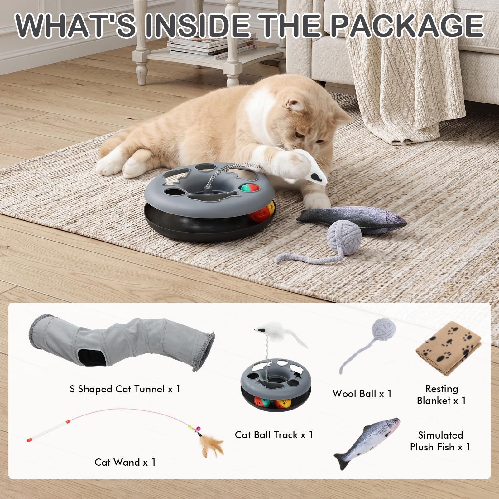 YGJT Tunnel pour chat d'intérieur pour chat adulte, chaton pour l'ennui | Jouets interactifs pour chats avec balles rotatives, baguette à plumes, poisson, couverture et balle, accessoires pour chat