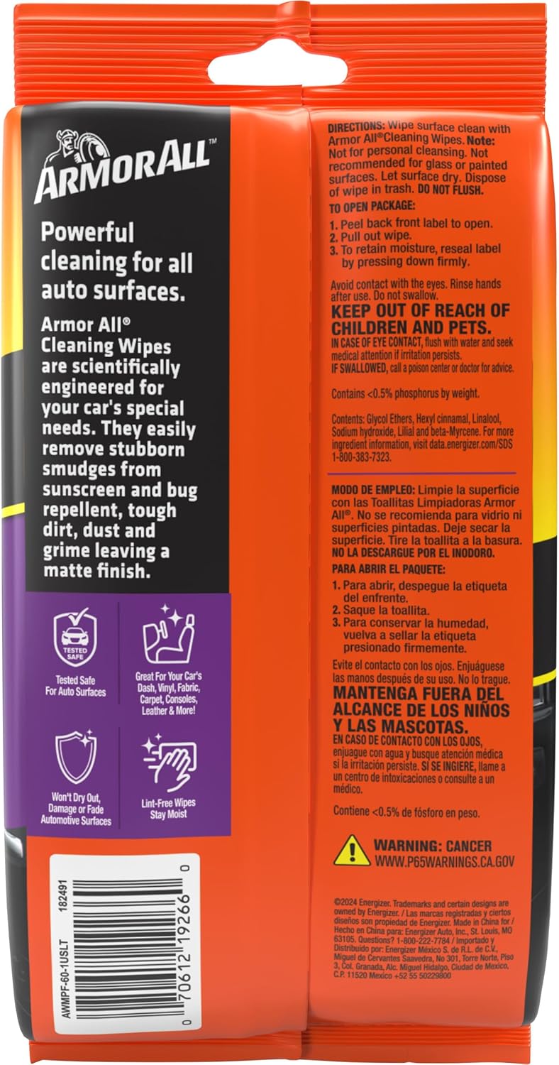 Armor All Interior Car Cleaning Wipes by Armor All, Car Wipes for Dirt and Dust, 60 Count Each, 6 Pack